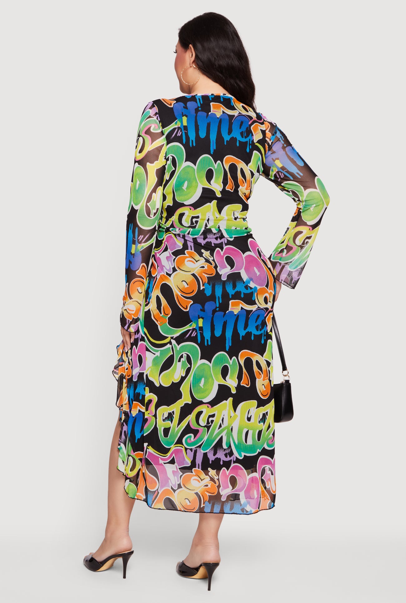 Plus Size Graffiti Ruffled Thigh Slit Maxi Dress Plus Size Graffiti Ruffled Thigh Slit Maxi Dress