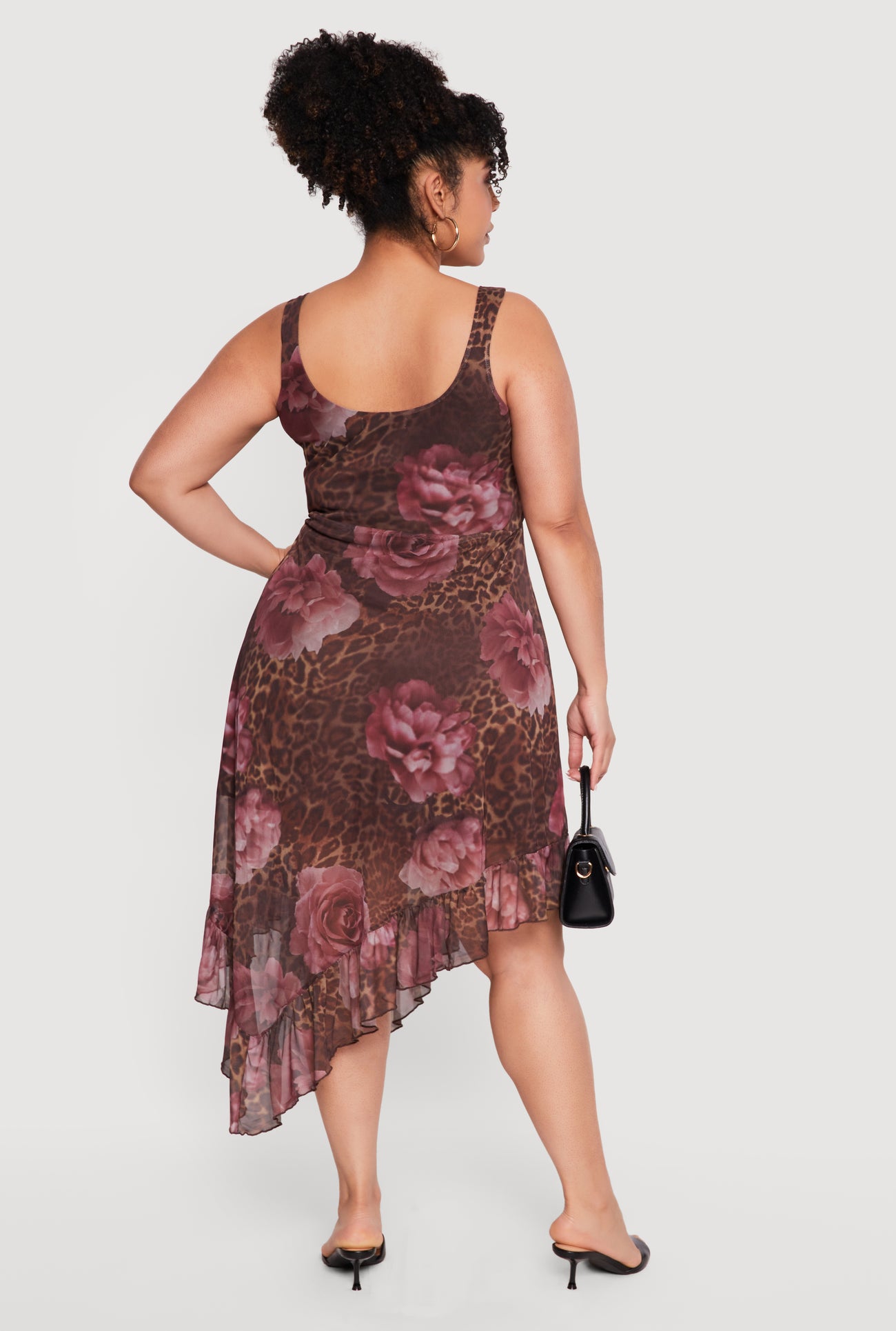 Plus Size Floral Leopard Print Mesh Asymmetrical Ruffle Hem Dress