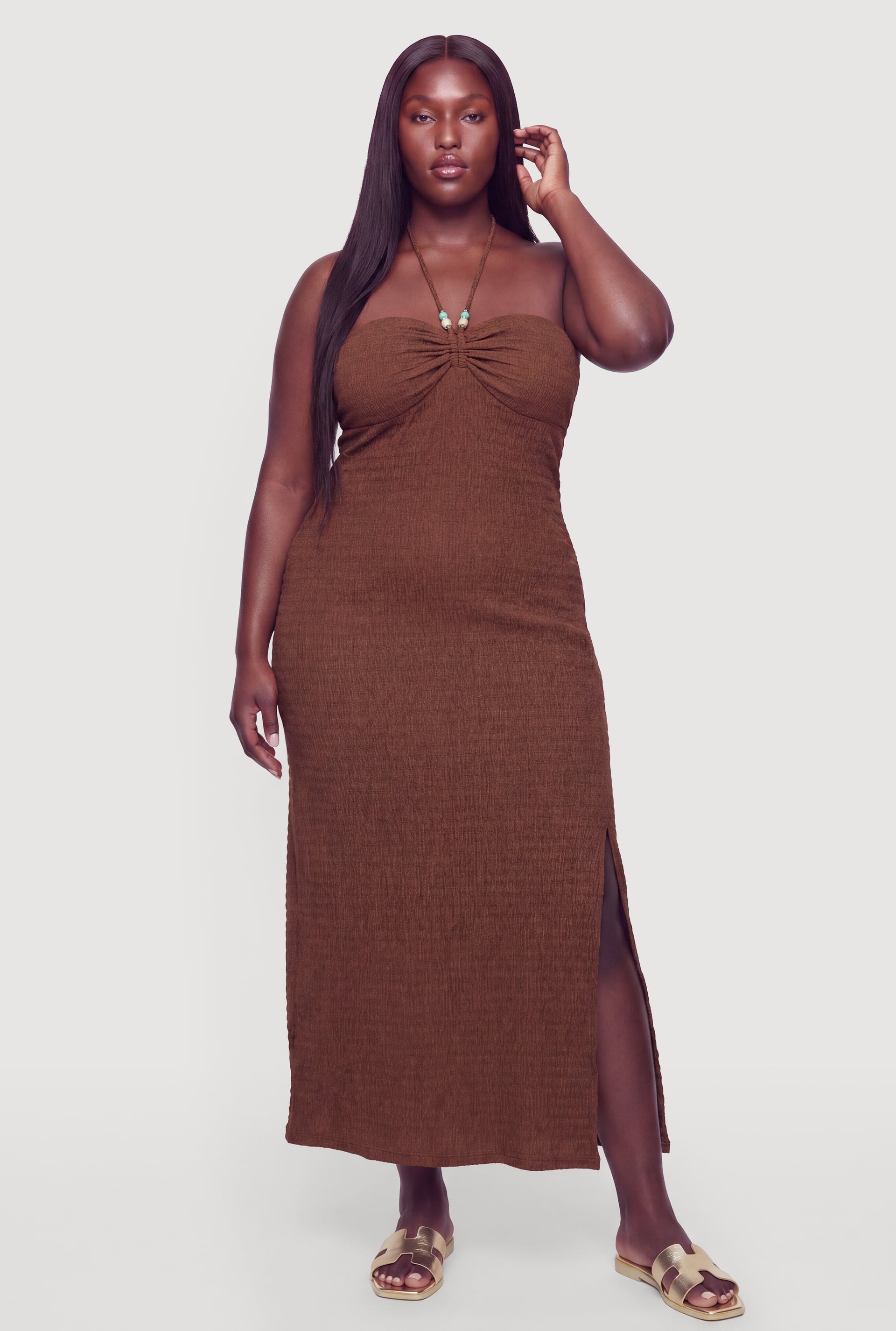 Plus Size Beaded Halter Neck Side Slit Maxi Dress