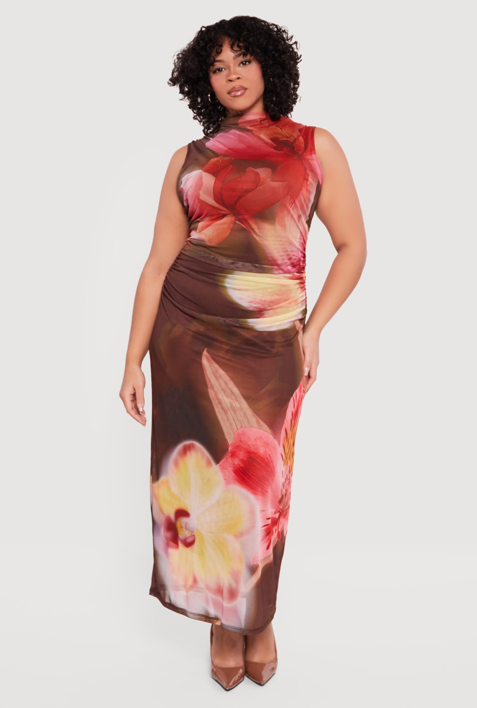Plus Size Almost Famous Sleeveless Ruched Floral Maxi Dress