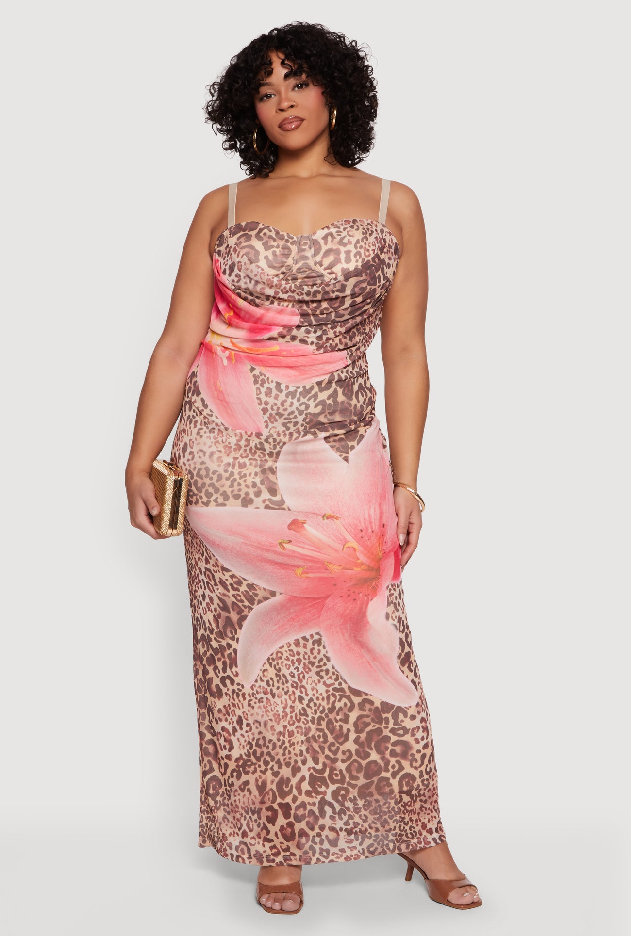 animal mesh dress Plus Size Floral Animal Print Mesh Cowl Neck Dress
