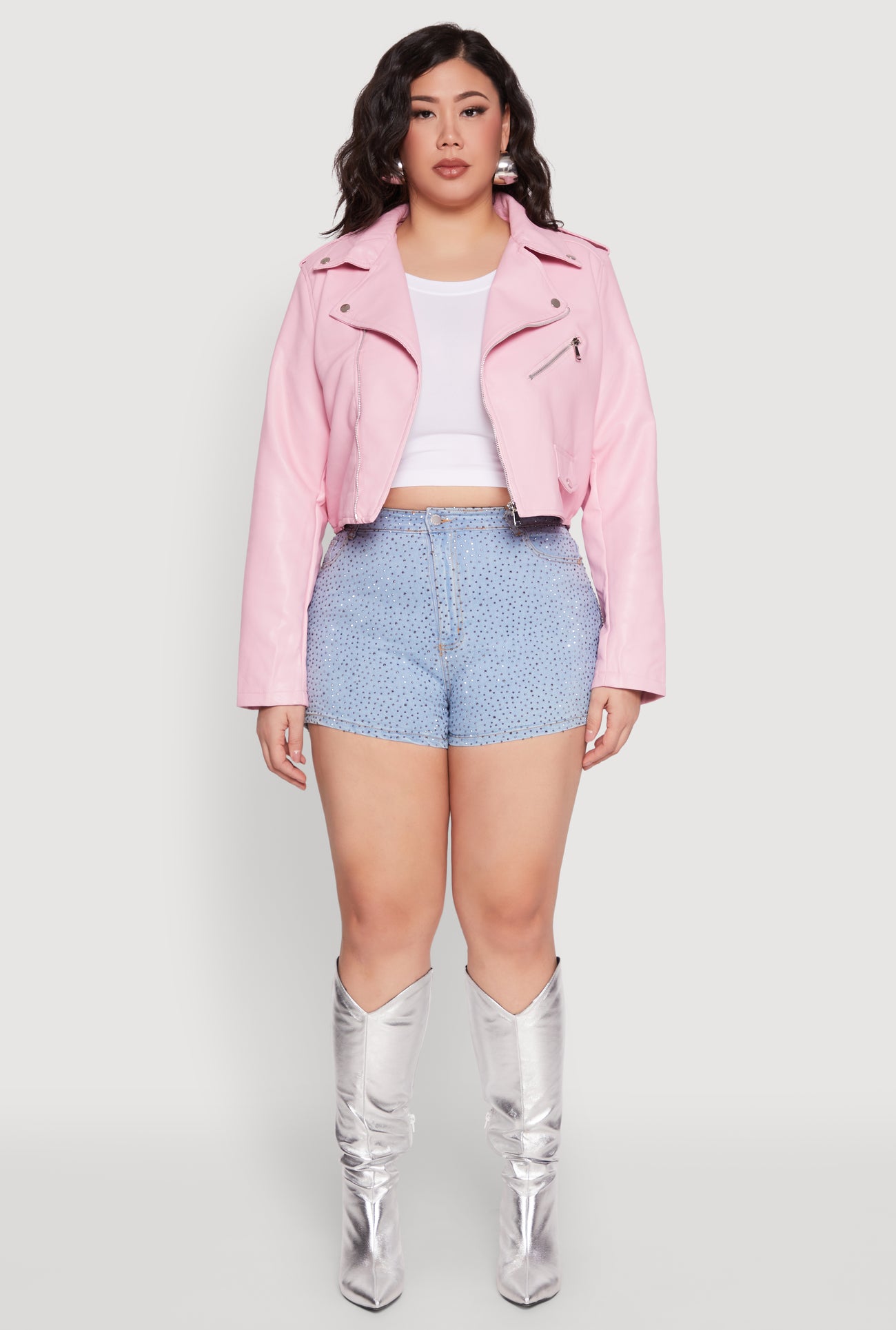 Plus Size Pink Biker Jackets Plus Size Daisy Faux Leather Cropped