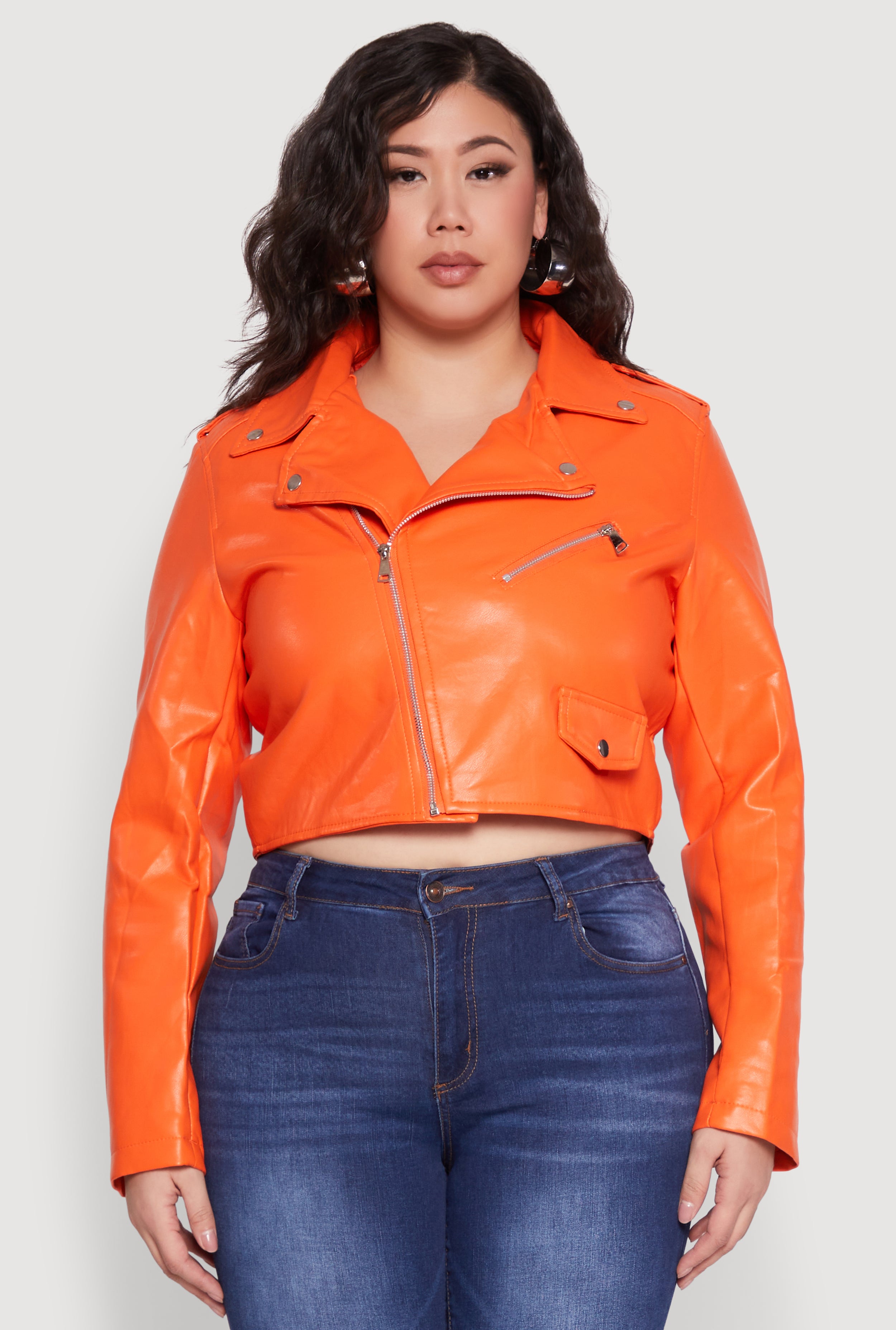 Plus Size Daisy Faux Leather Cropped Moto Jacket orange daisy