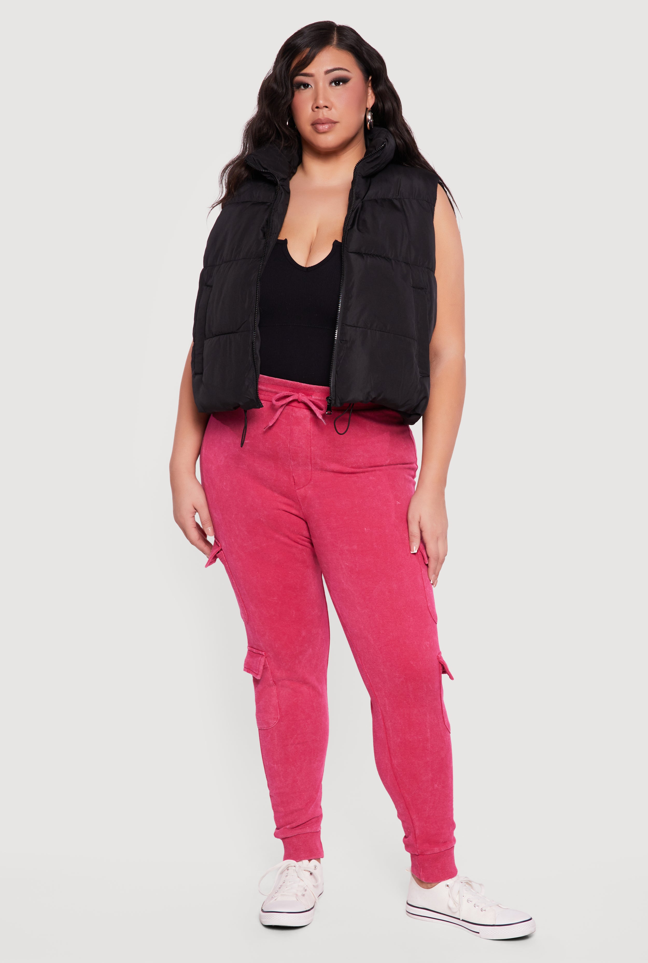 Plus Size Drawstring Hem Zip Front Puffer Vest
