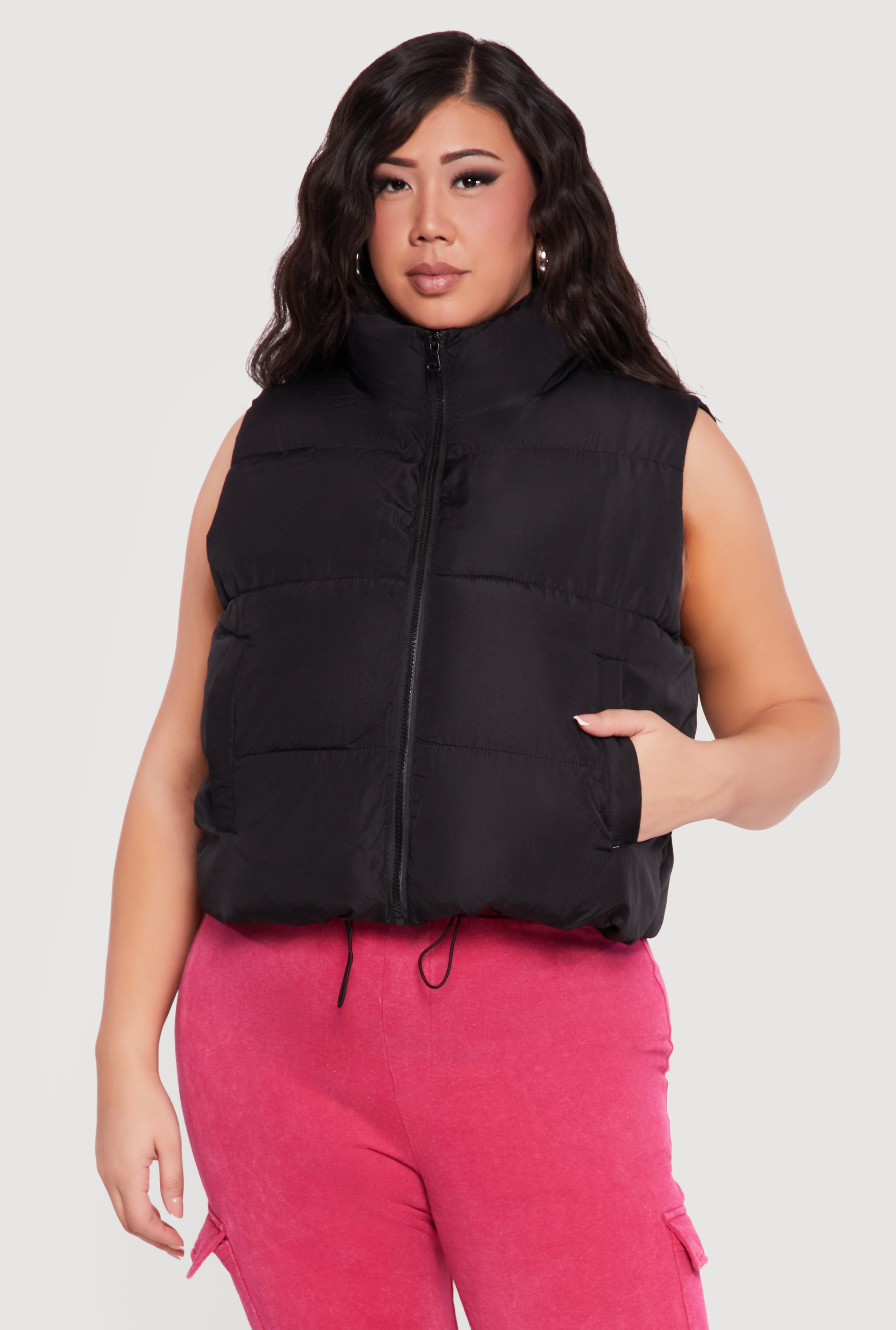 Plus Size Drawstring Hem Zip Front Puffer Vest
