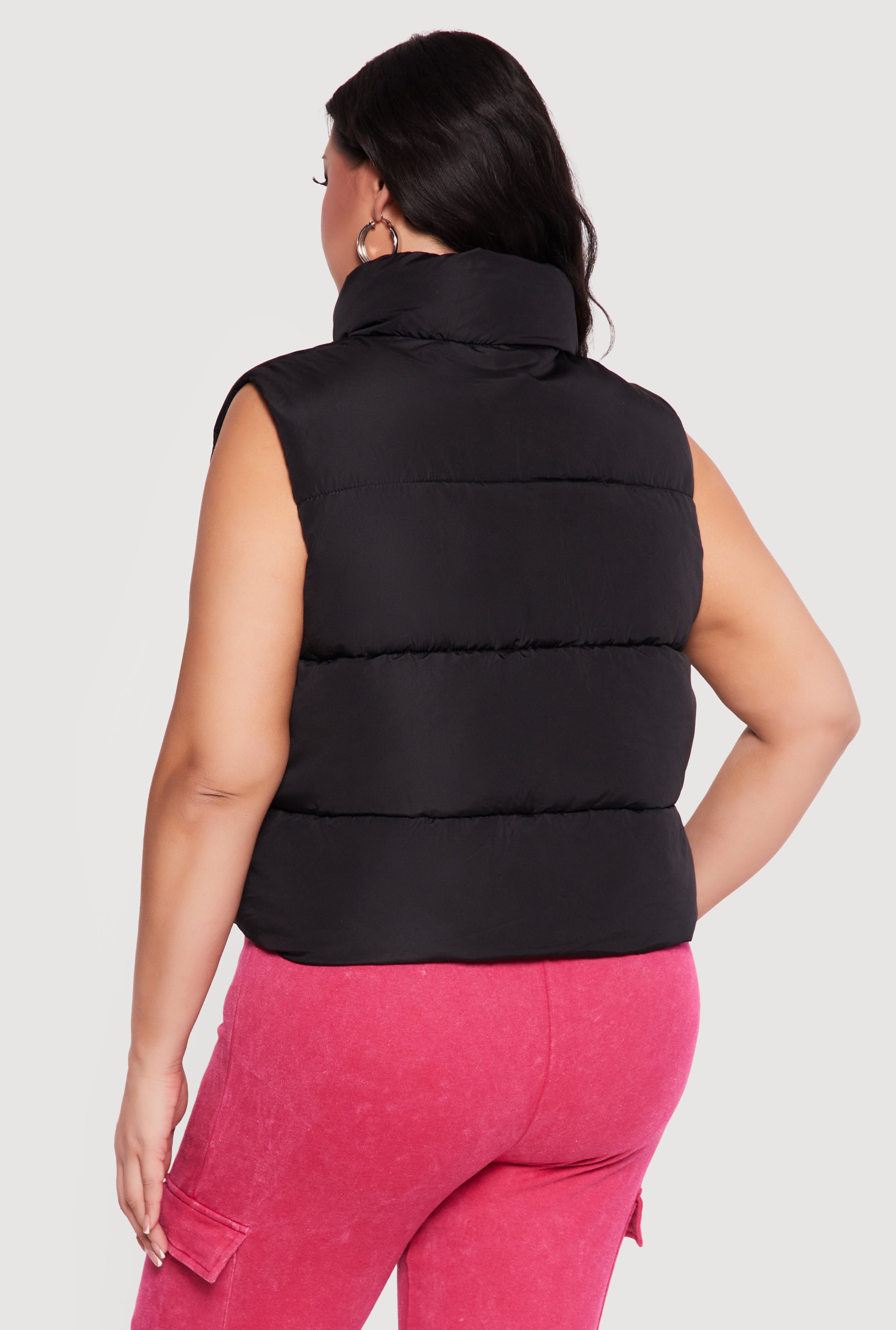 Plus Size Drawstring Hem Zip Front Puffer Vest