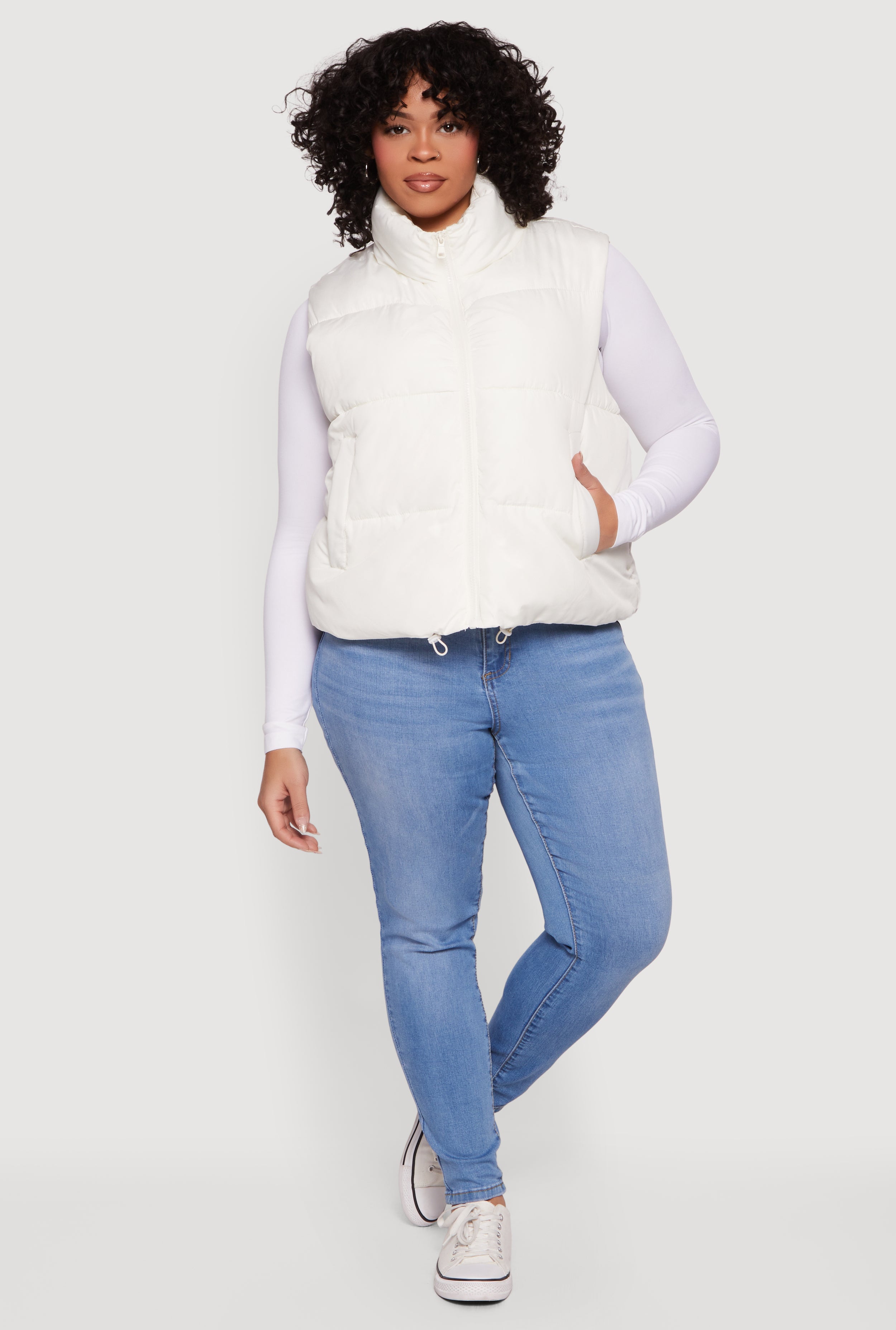 Plus Size Drawstring Hem Zip Front Puffer Vest