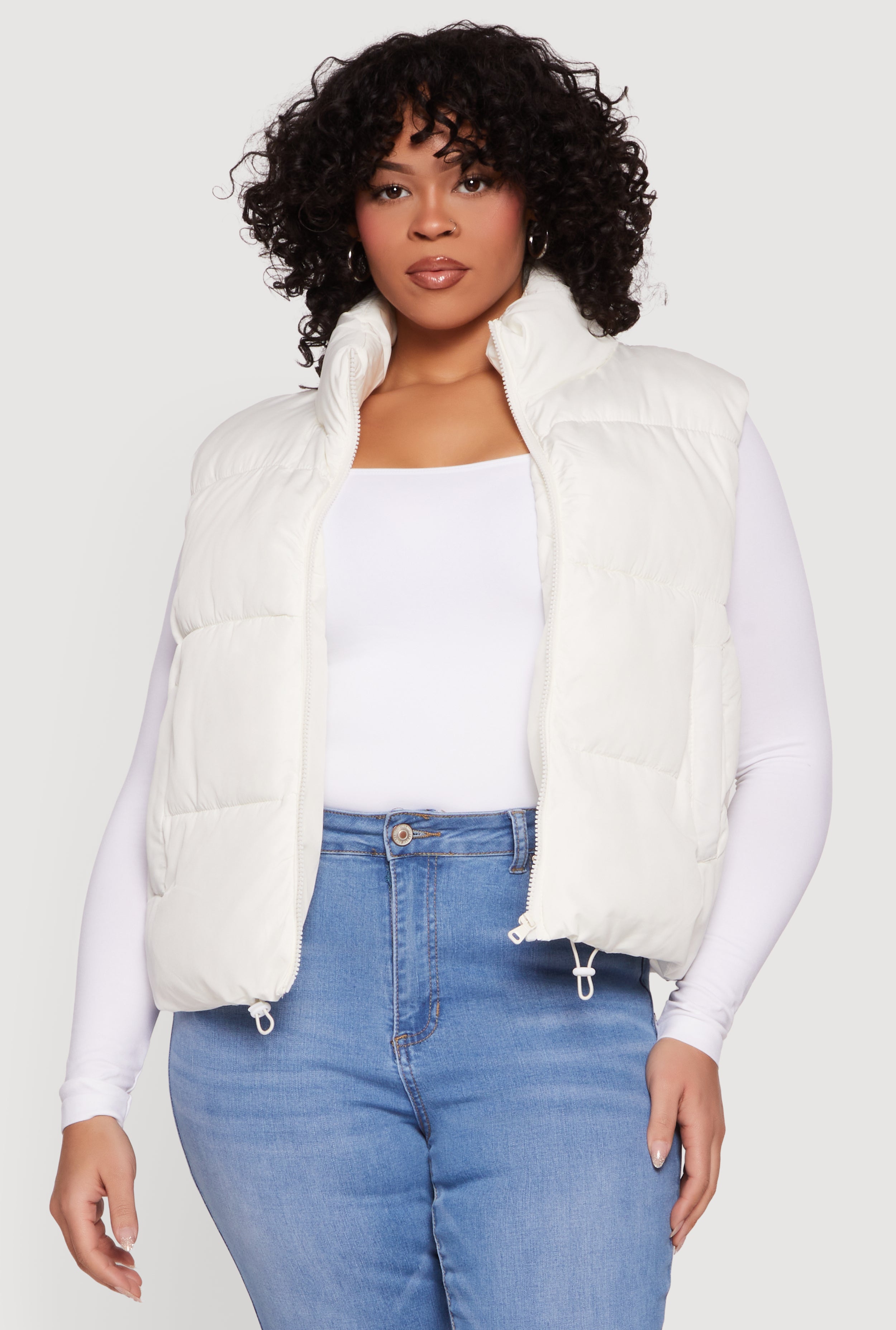 Plus Size Drawstring Hem Zip Front Puffer Vest
