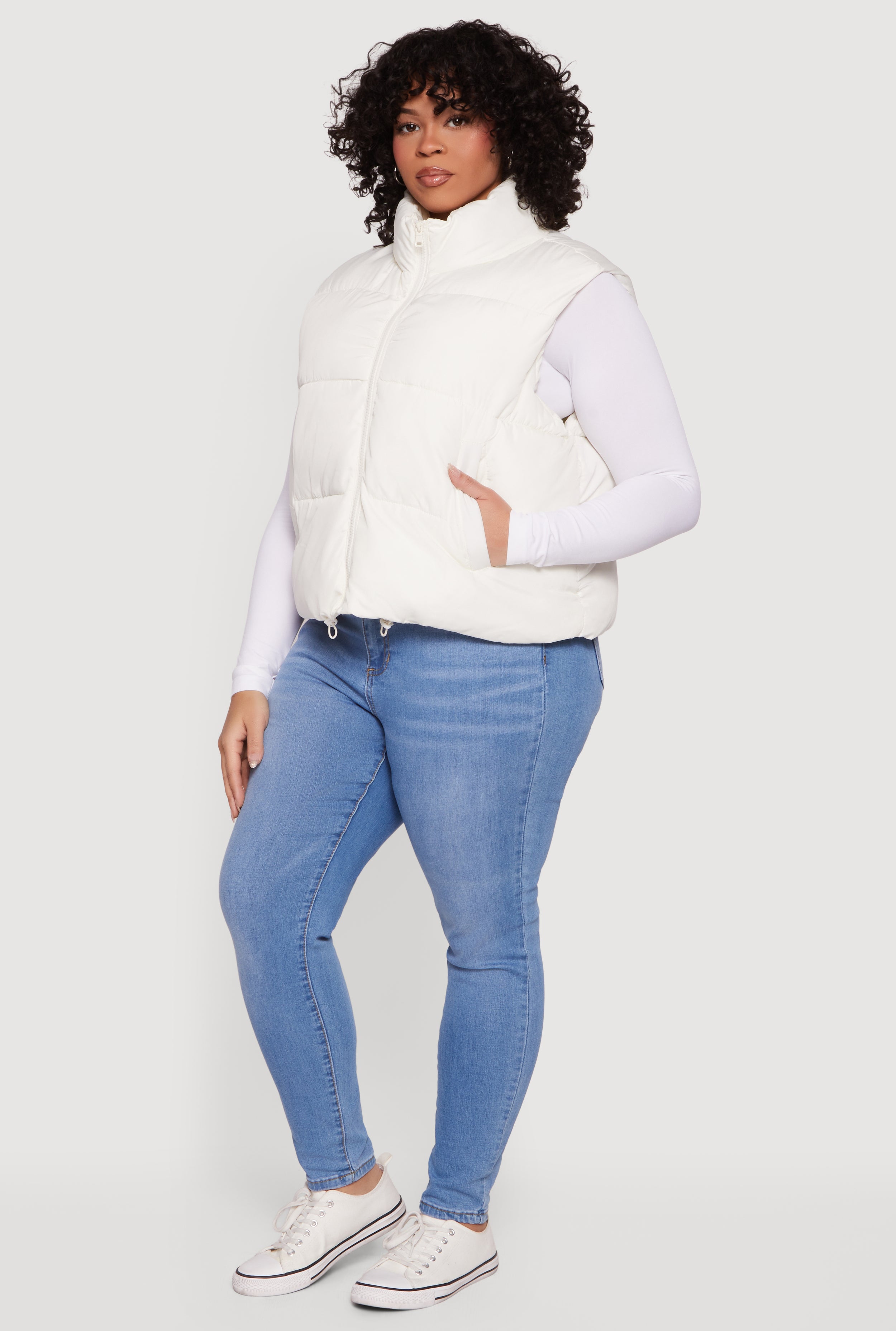 【美品】SUPPLIER PUFFER VEST & DENIM PANTS Plus Size Drawstring Hem Zip Front Puffer Vest