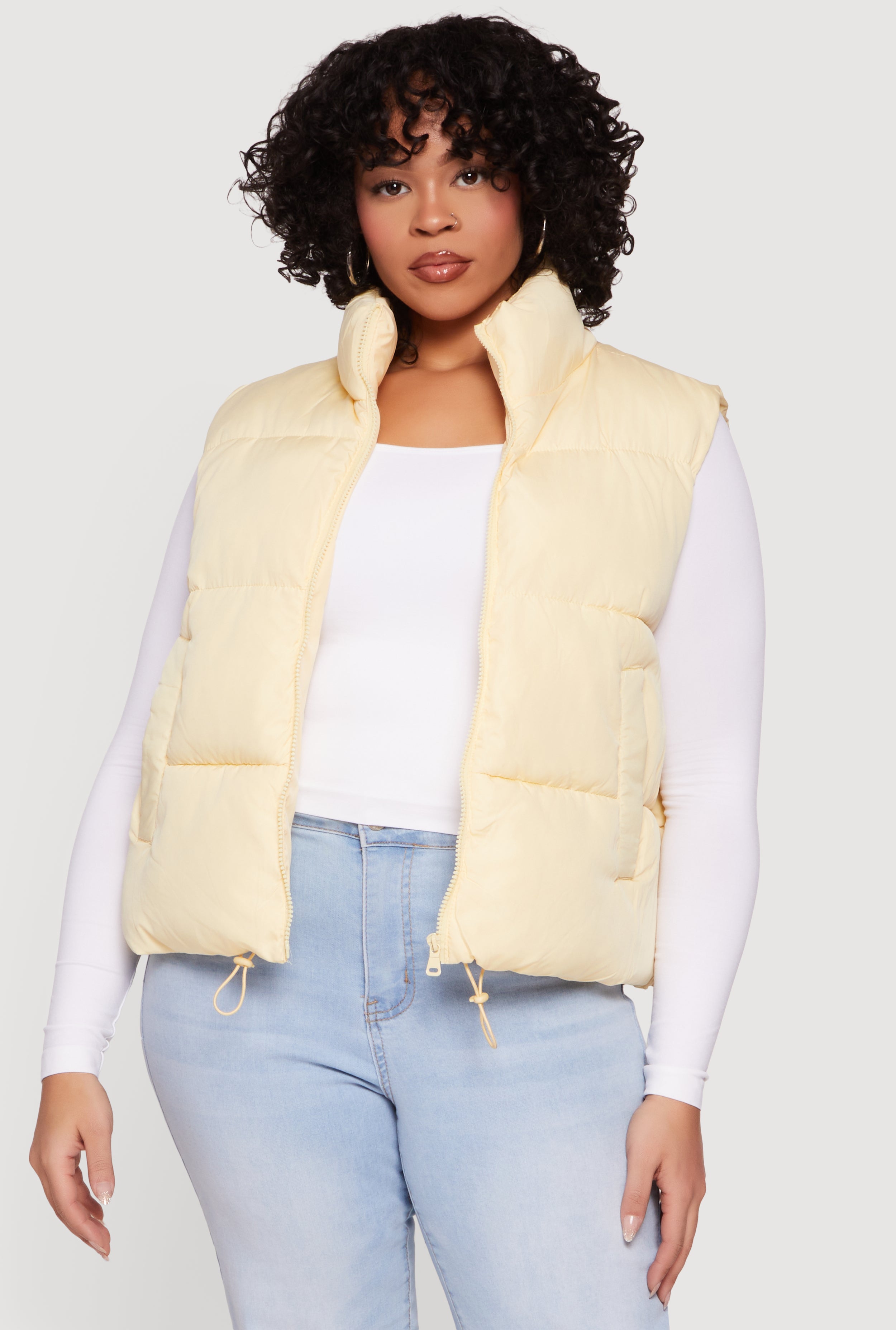 【美品】SUPPLIER PUFFER VEST & DENIM PANTS Plus Size Drawstring Hem Zip Front Puffer Vest