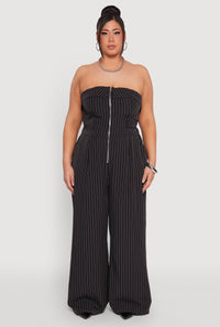 Plus Size Pinstripe Zip Front Jumpsuit