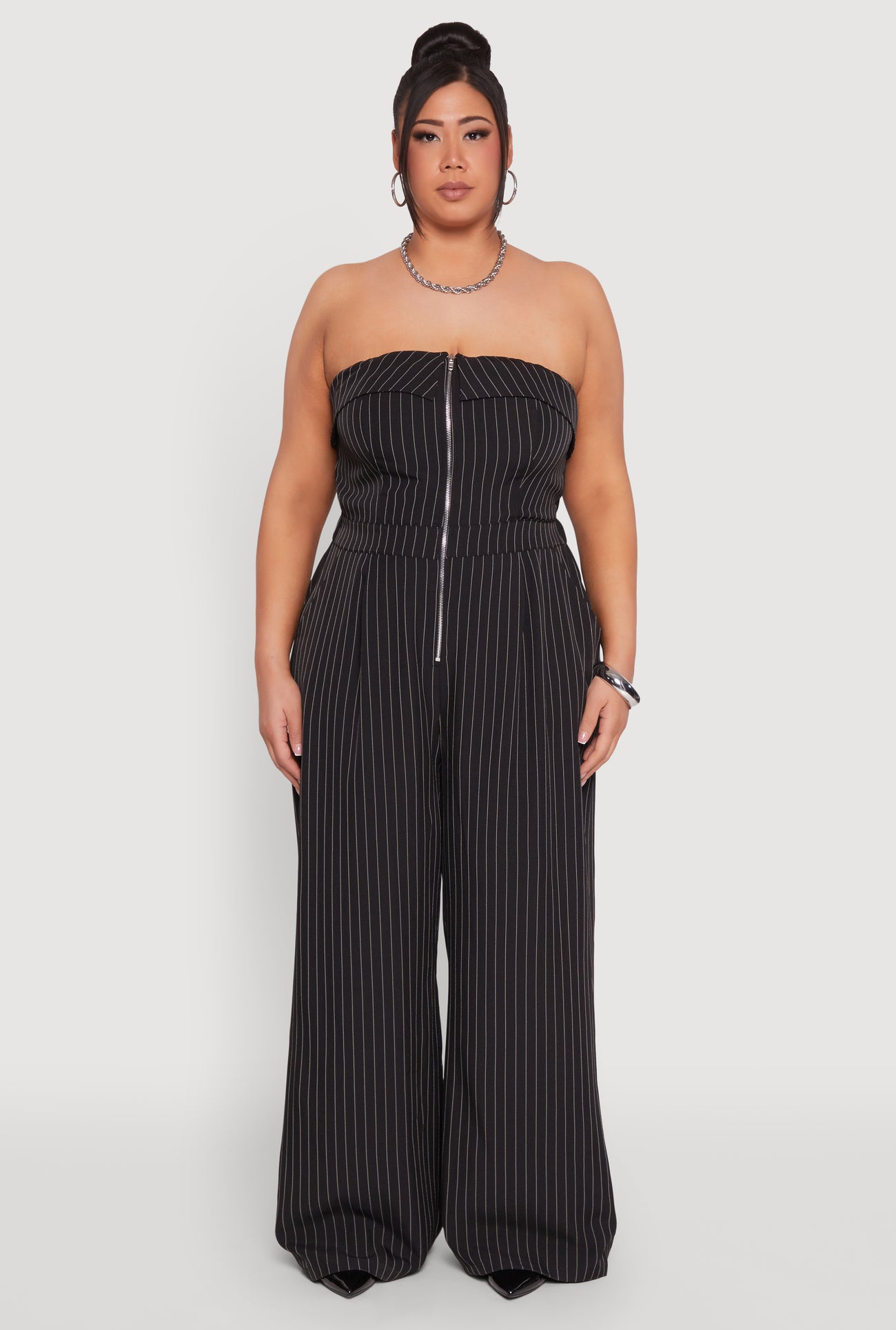 Plus Size Pinstripe Zip Front Jumpsuit