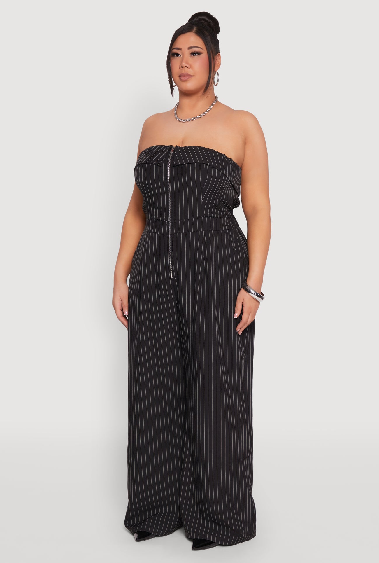 Plus Size Pinstripe Zip Front Jumpsuit