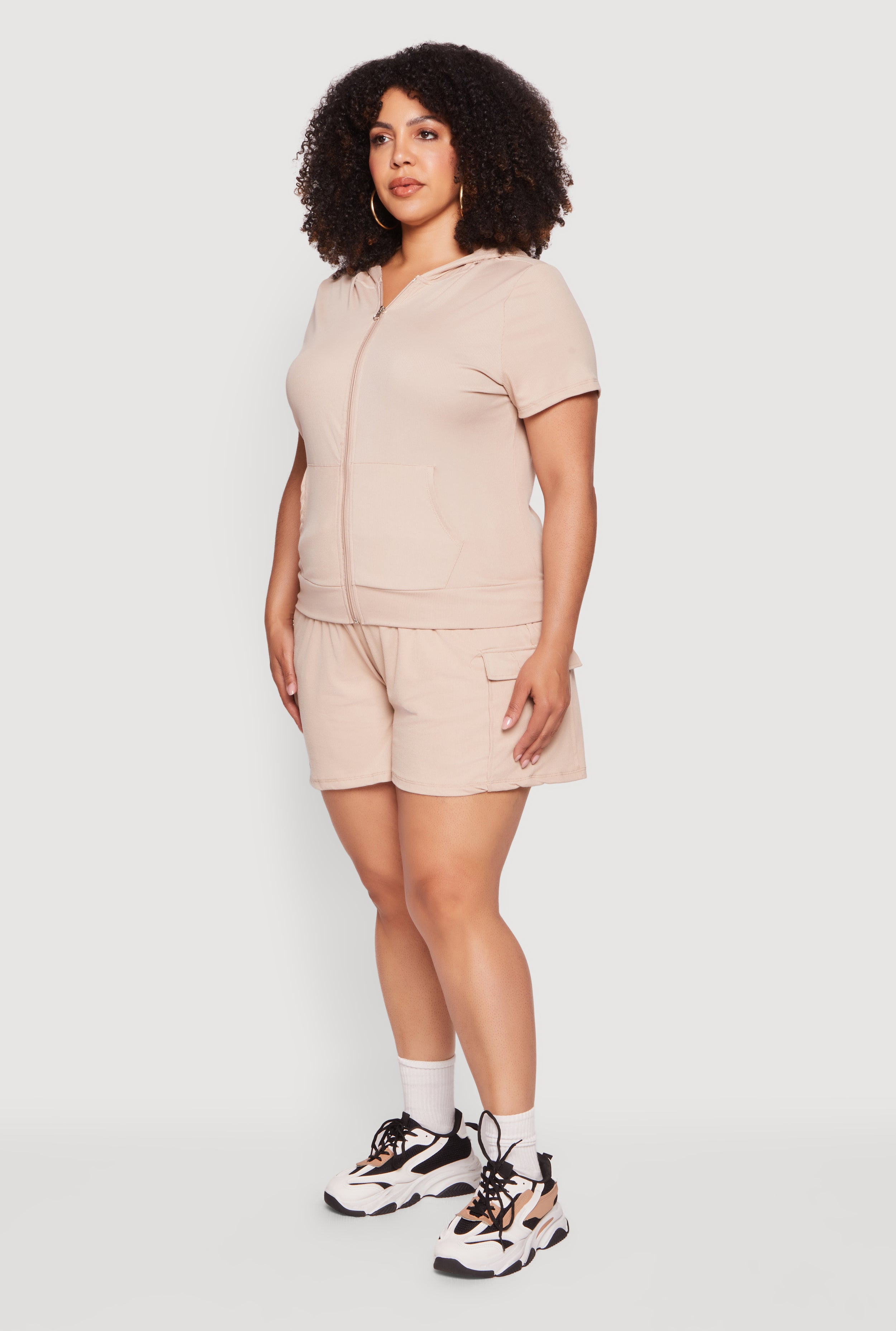 Plus Size Zip Front Short Sleeve Hoodie