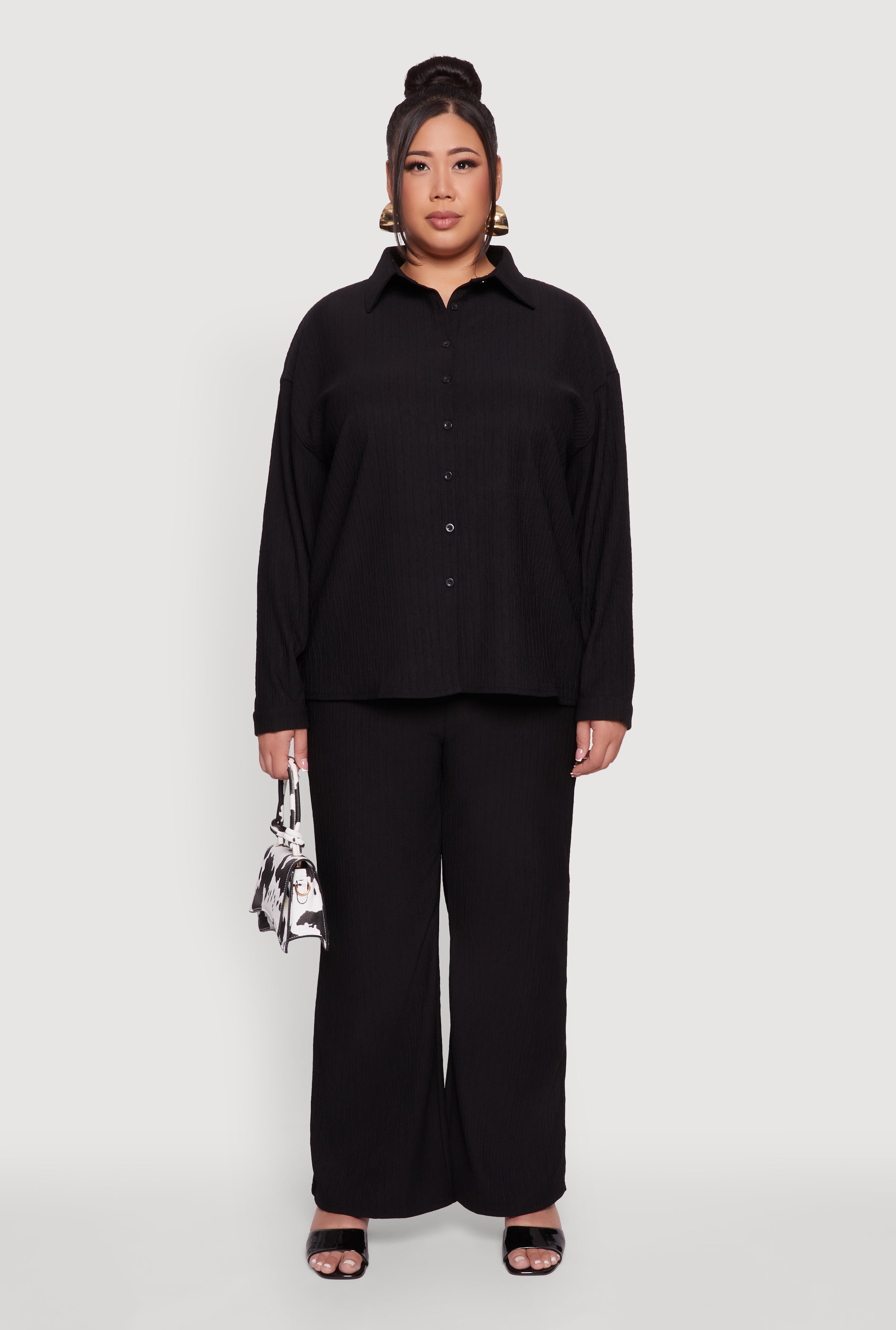 Plus Size Textured Knit Solid Button Front Long Sleeve Shirt