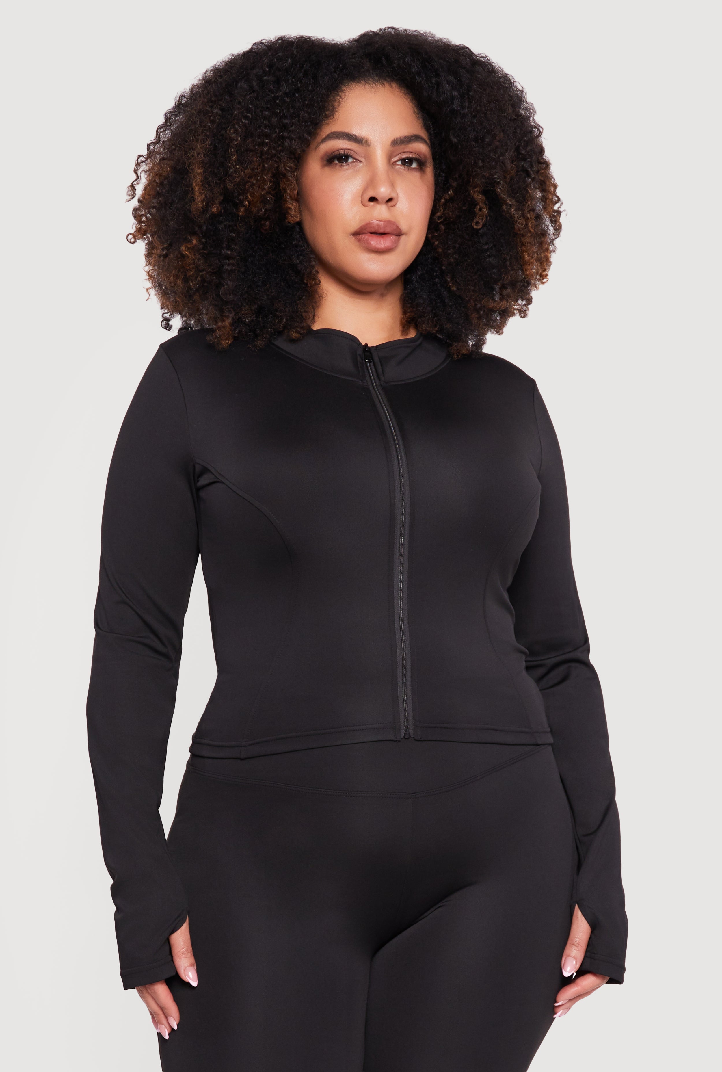 Plus Size Zip Front Mock Neck Active Jacket with Thumb Holes