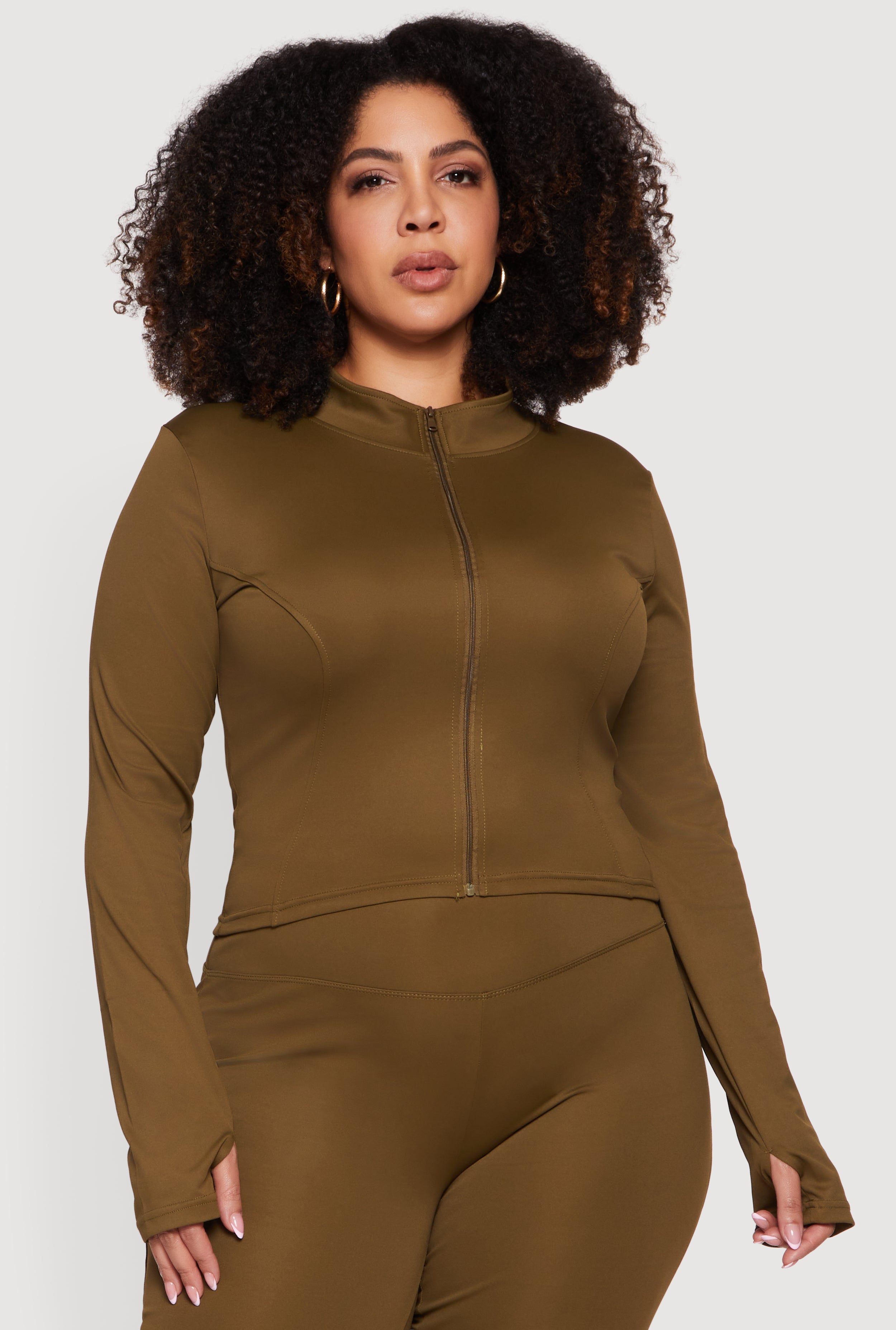 Plus Size Zip Front Mock Neck Active Jacket with Thumb Holes Plus Size Zip Front Mock Neck Active Jacket with Thumb Holes
