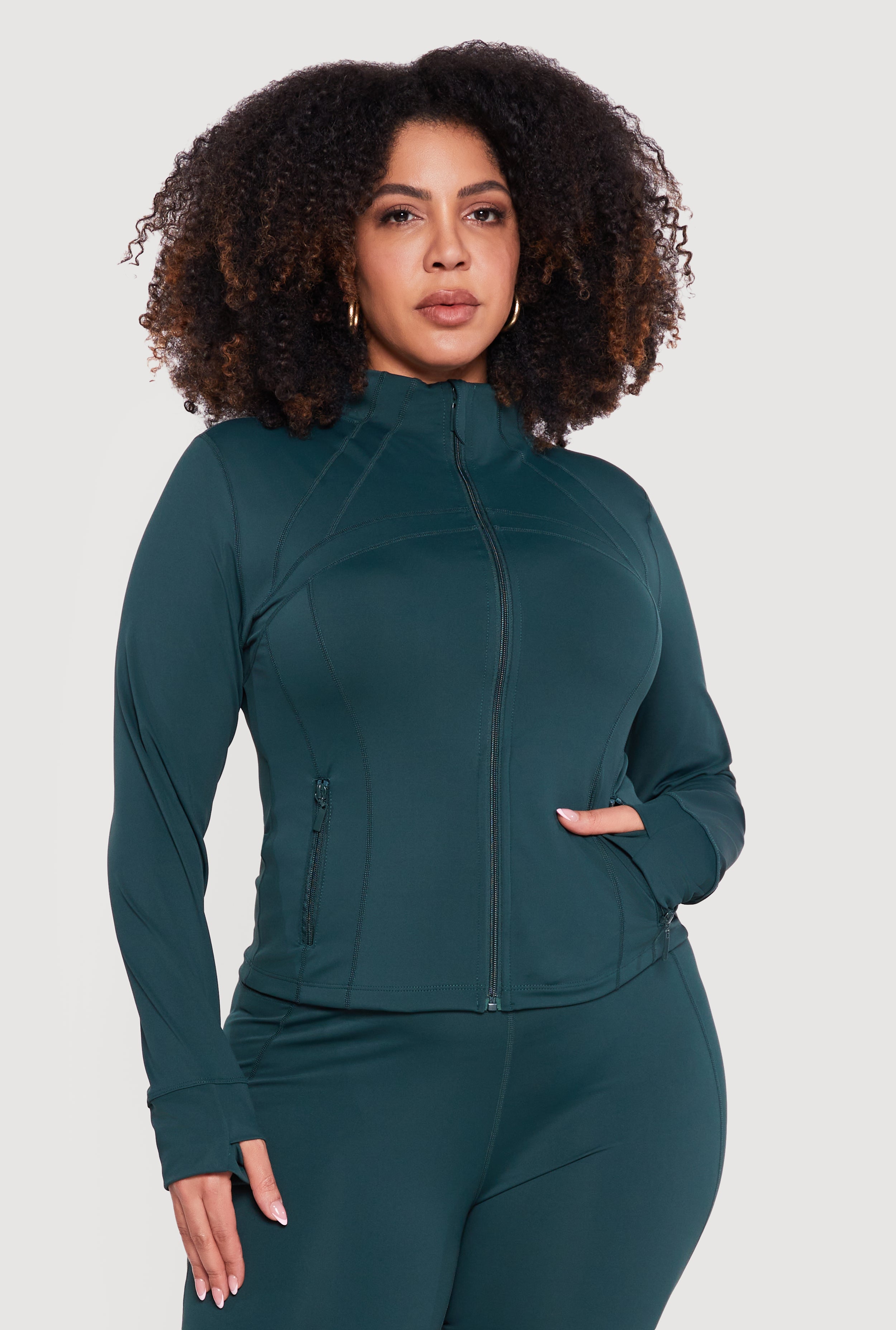 Plus Size Long Sleeve Zip Front Jacket with Thumb Holes