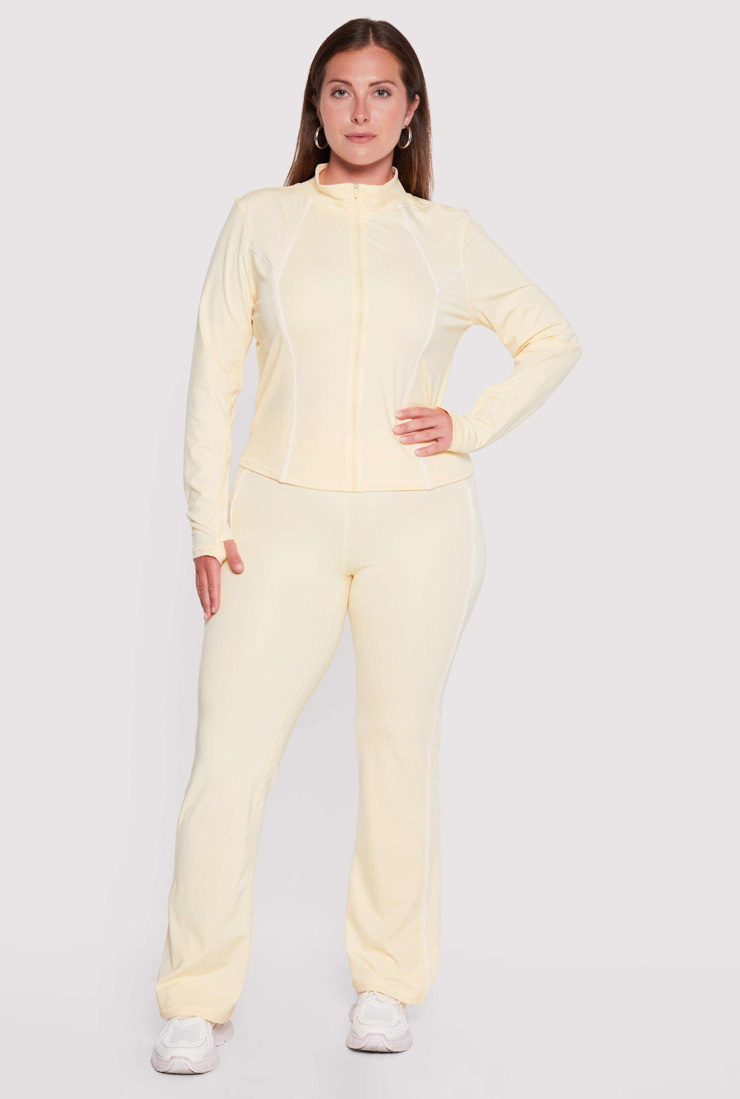 レディースウェア YELLOW Plus Size Contrast Piping Zip Front Mock Neck Active Jacket