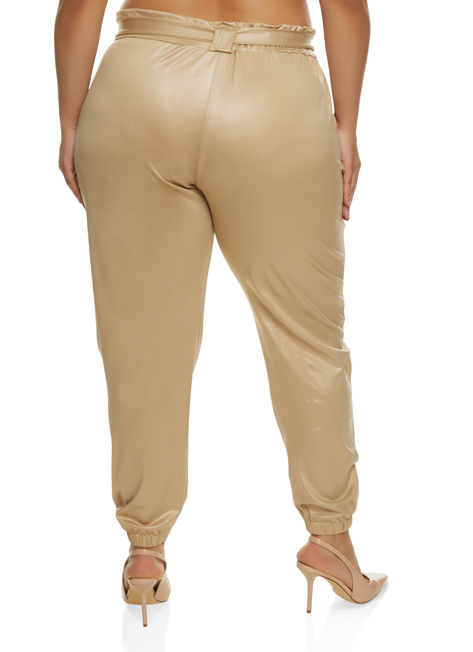 Plus Size Faux Leather Belted Paper Bag Waist Pants