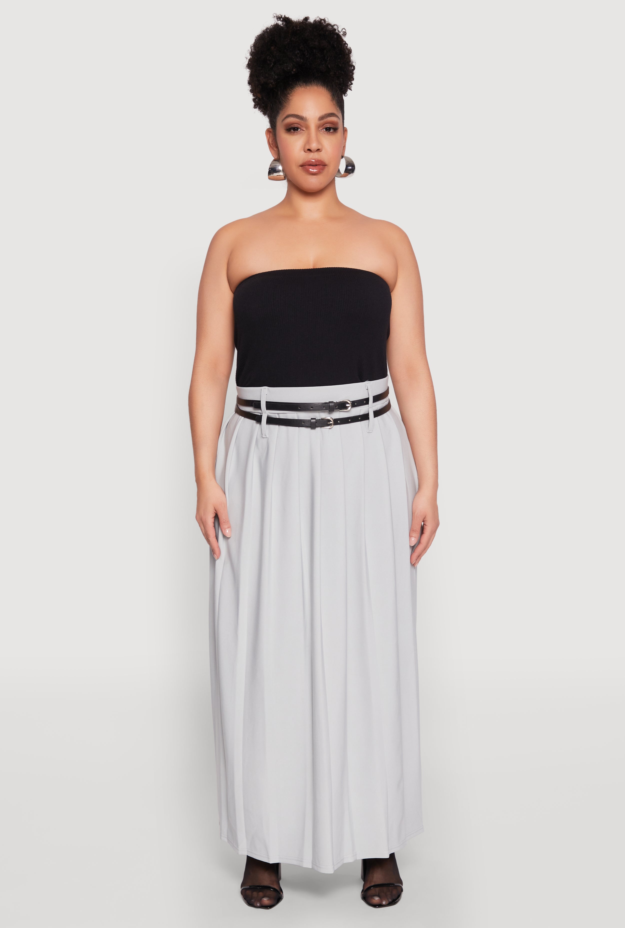スカート Side slit pleated skirt gray Plus Size Double Belted Side Slit Pleated Skirt