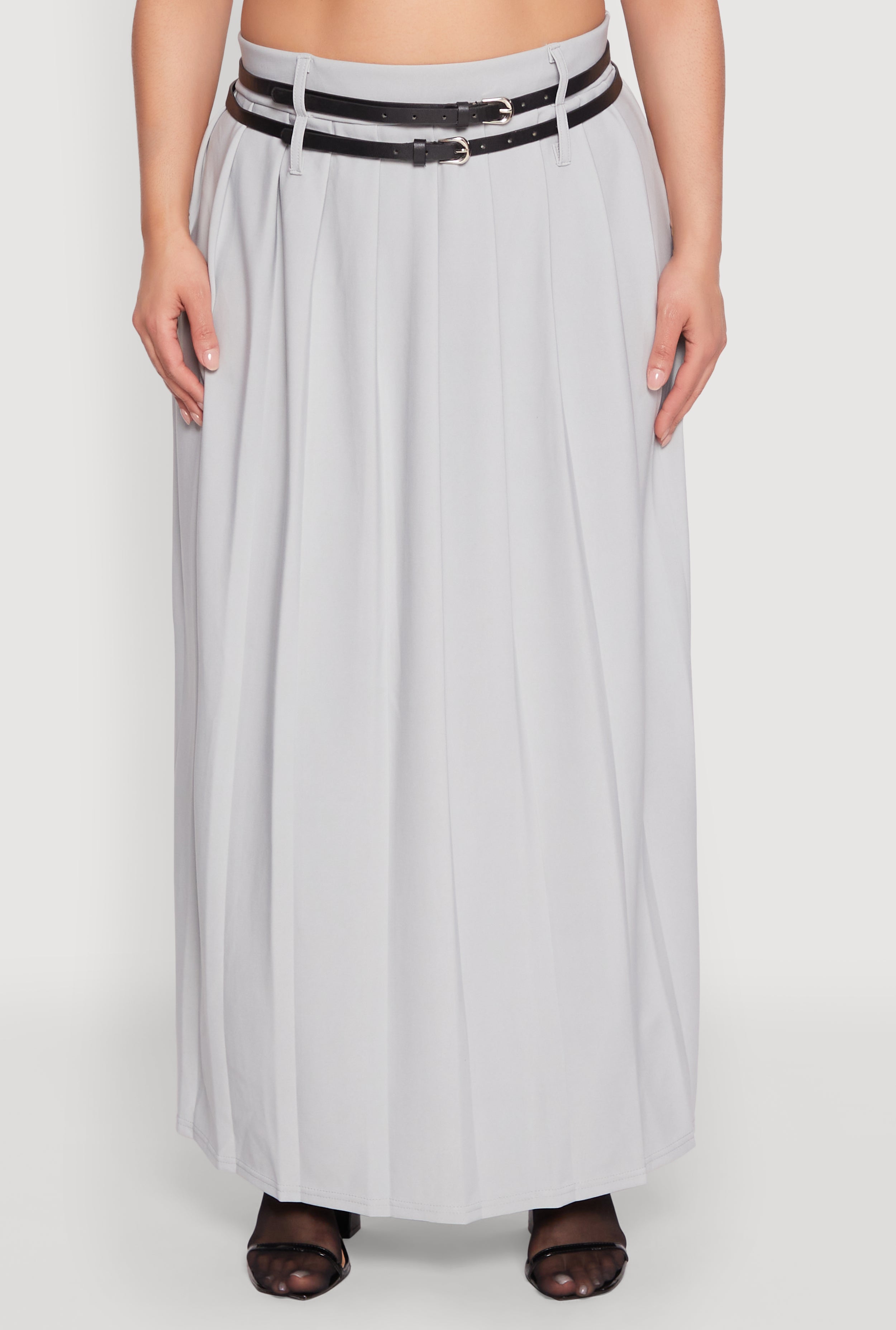 スカート Side slit pleated skirt gray Plus Size Double Belted Side Slit Pleated Skirt