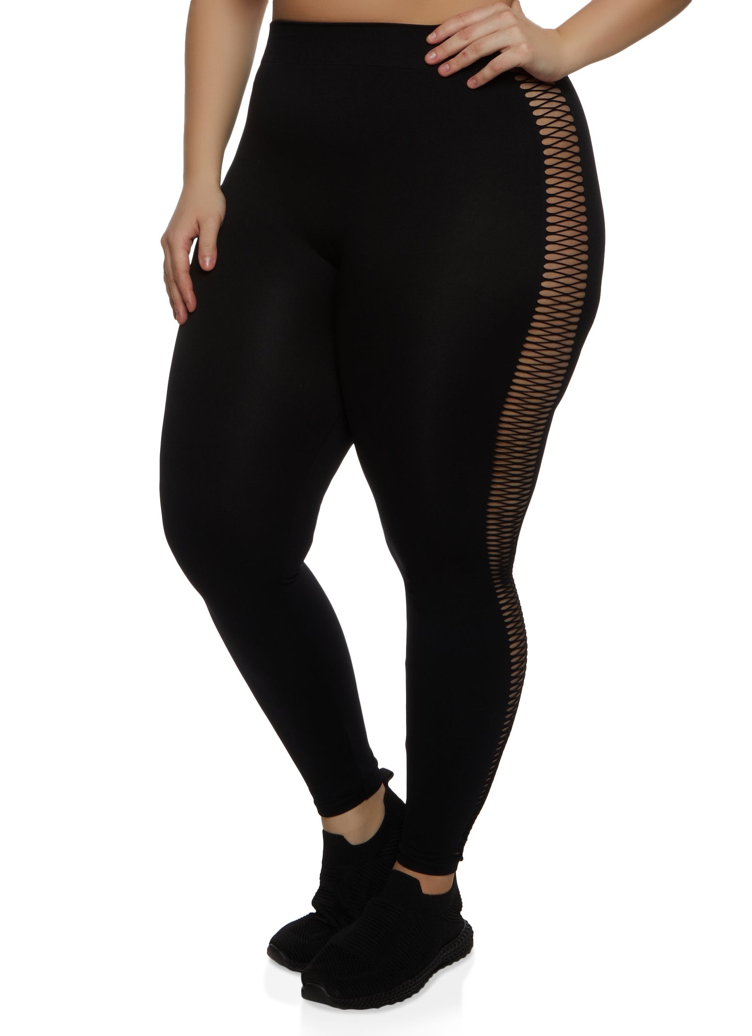 Plus Size Side Fishnet Detail Seamless Leggings - Black