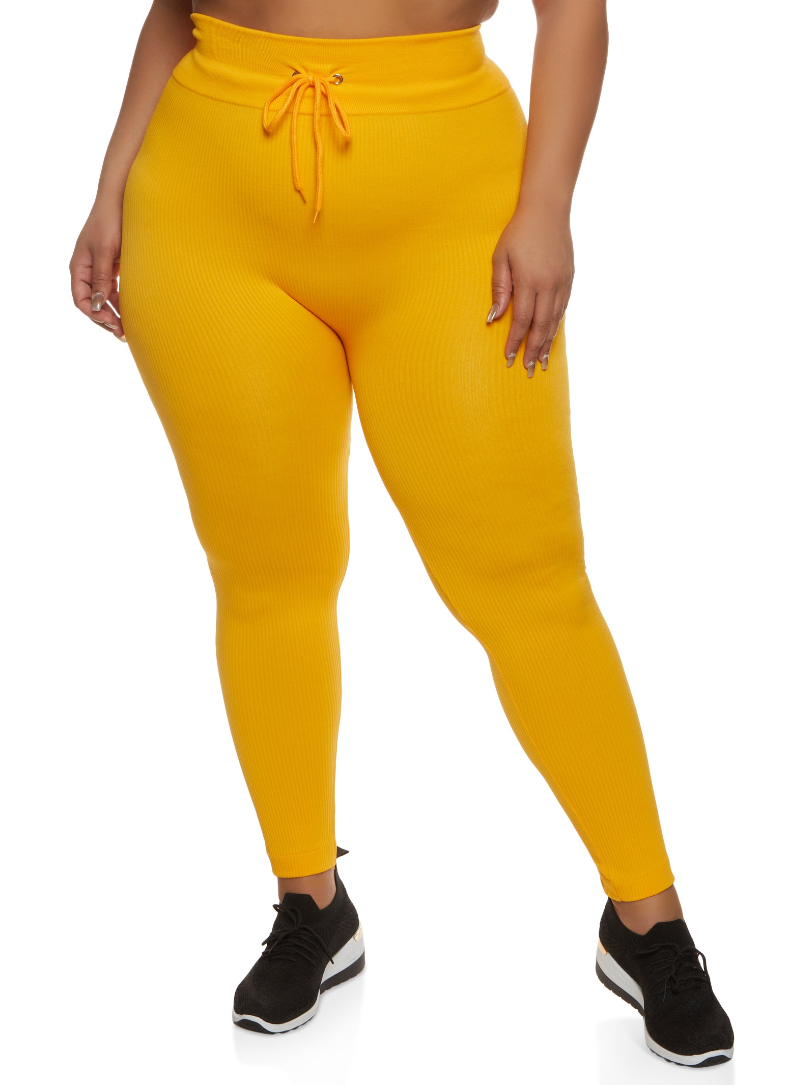 Plus Size Seamless Ribbed Faux Drawstring Leggings - Mustard