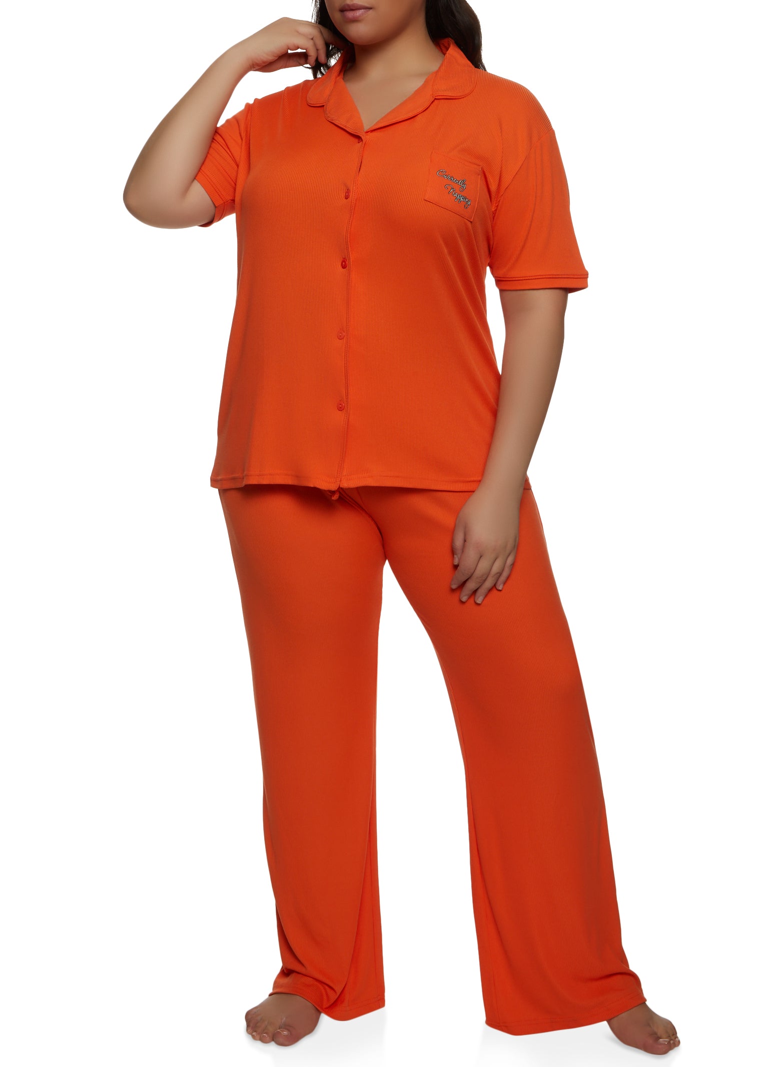 Plus Size Currently Napping Graphic Pocket Pajama Shirt and Pants