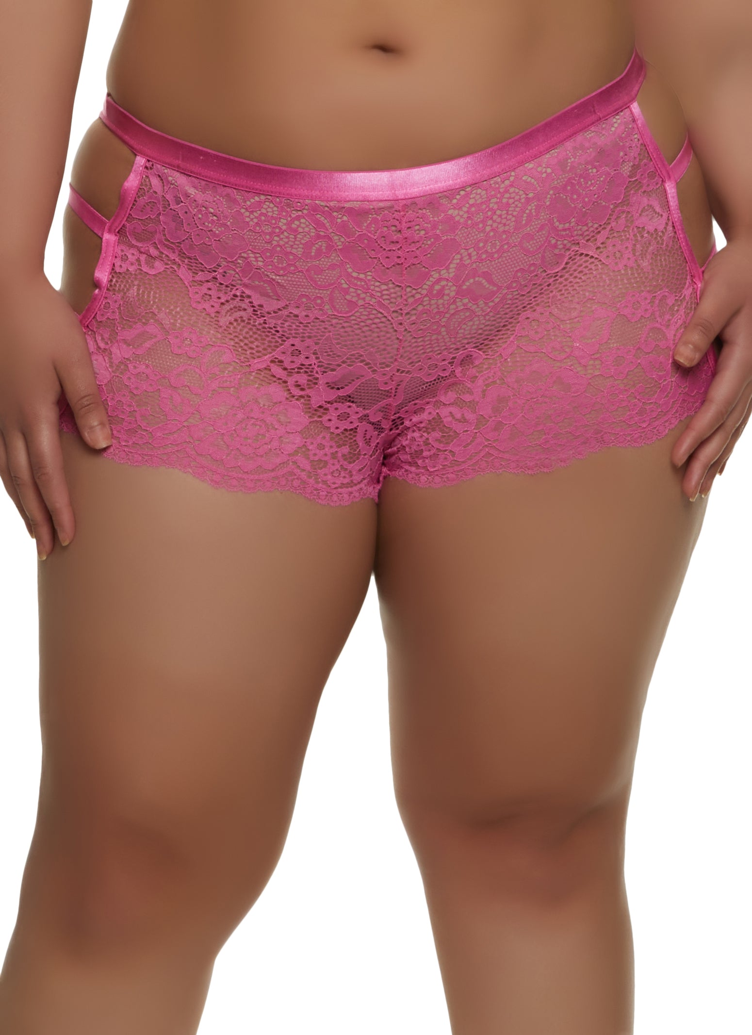 Plus Size Solid Caged Side Floral Lace Boyshort Panty - Magenta