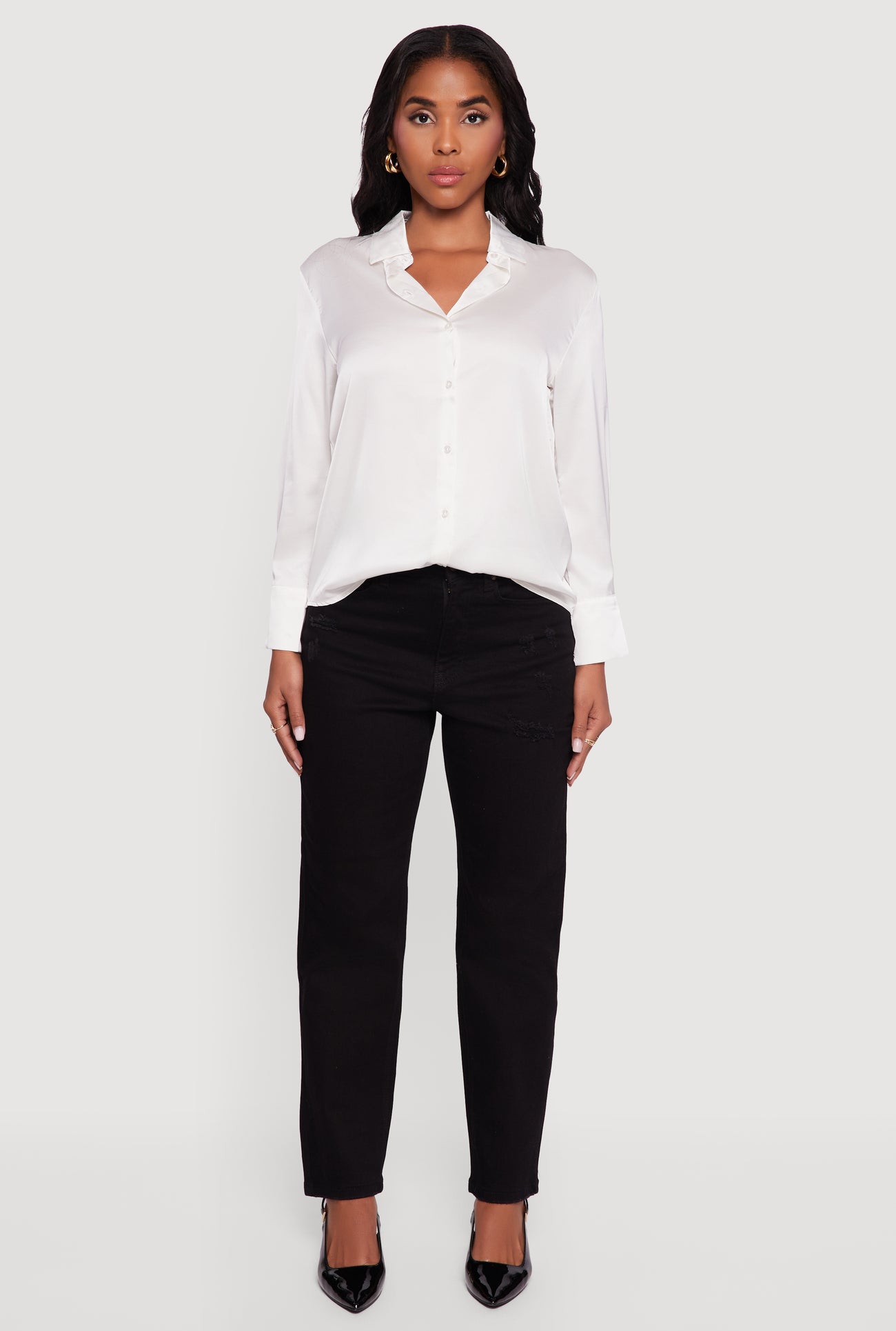 Satin Long Sleeve Button Front Shirt