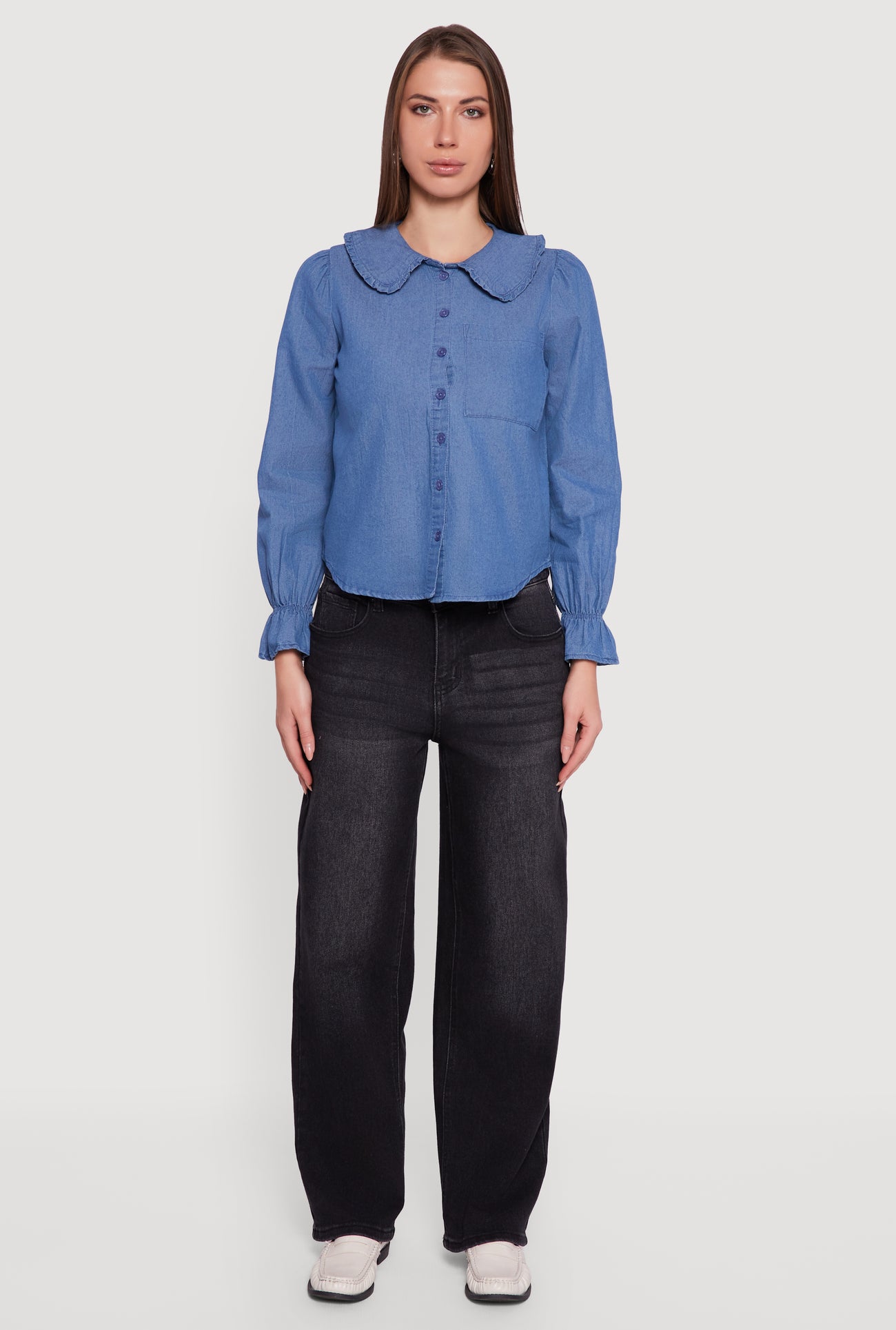 peter pan collar dress shirt Chambray Button Front Peter Pan Collar Shirt