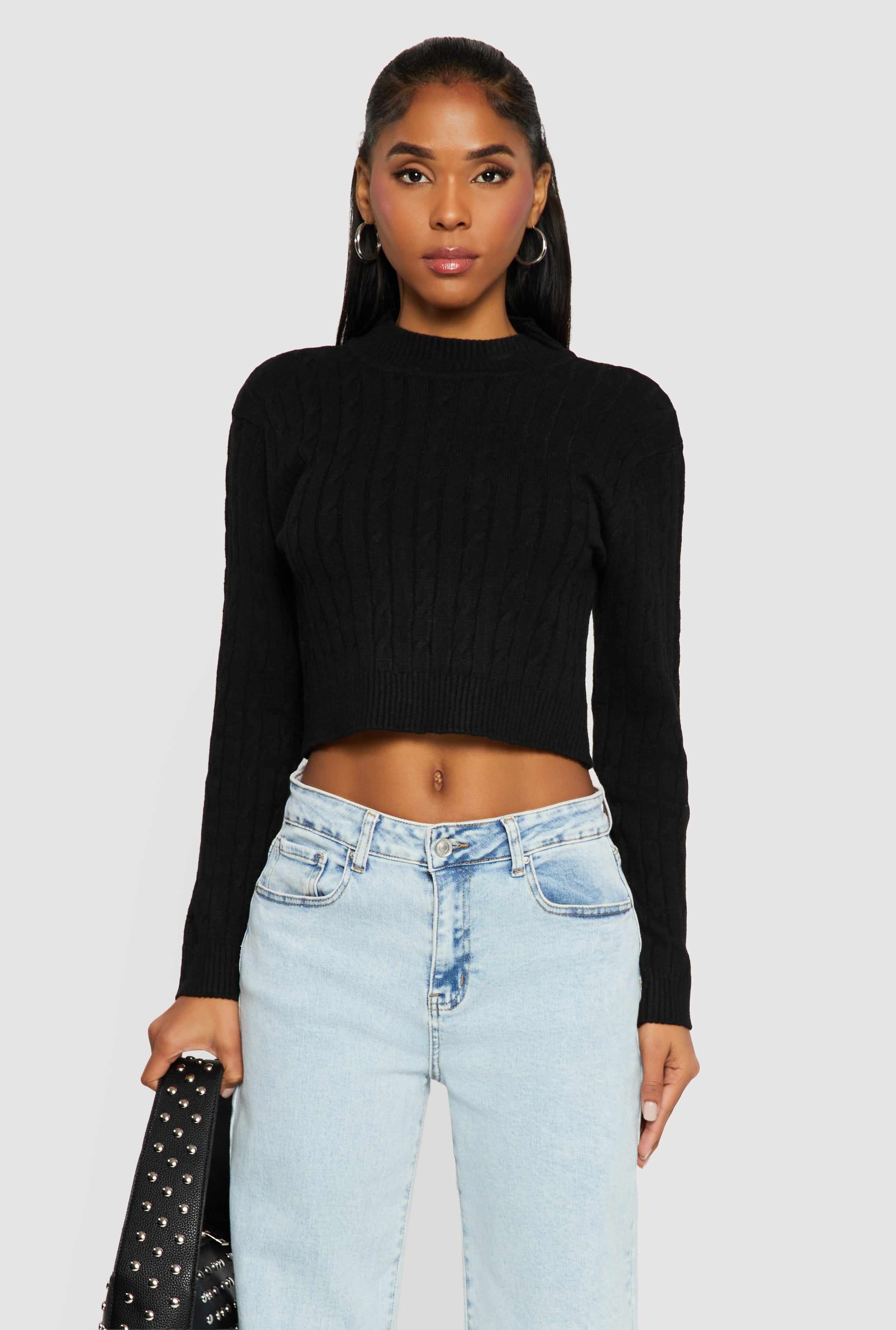 Cable Knit Mock Neck Long Sleeve Cropped Sweater