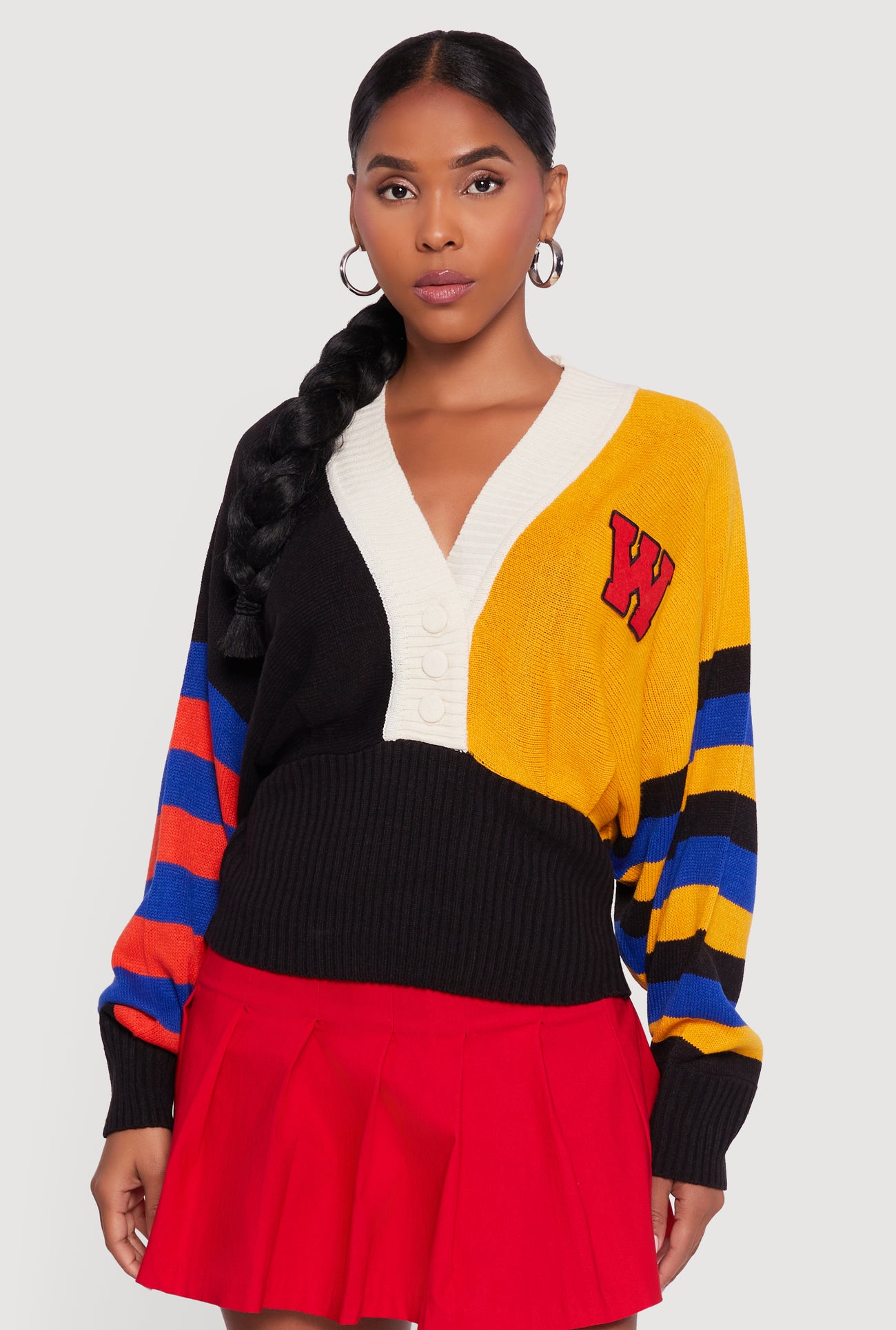 Color Blocked Striped W Patch Graphic Sweater