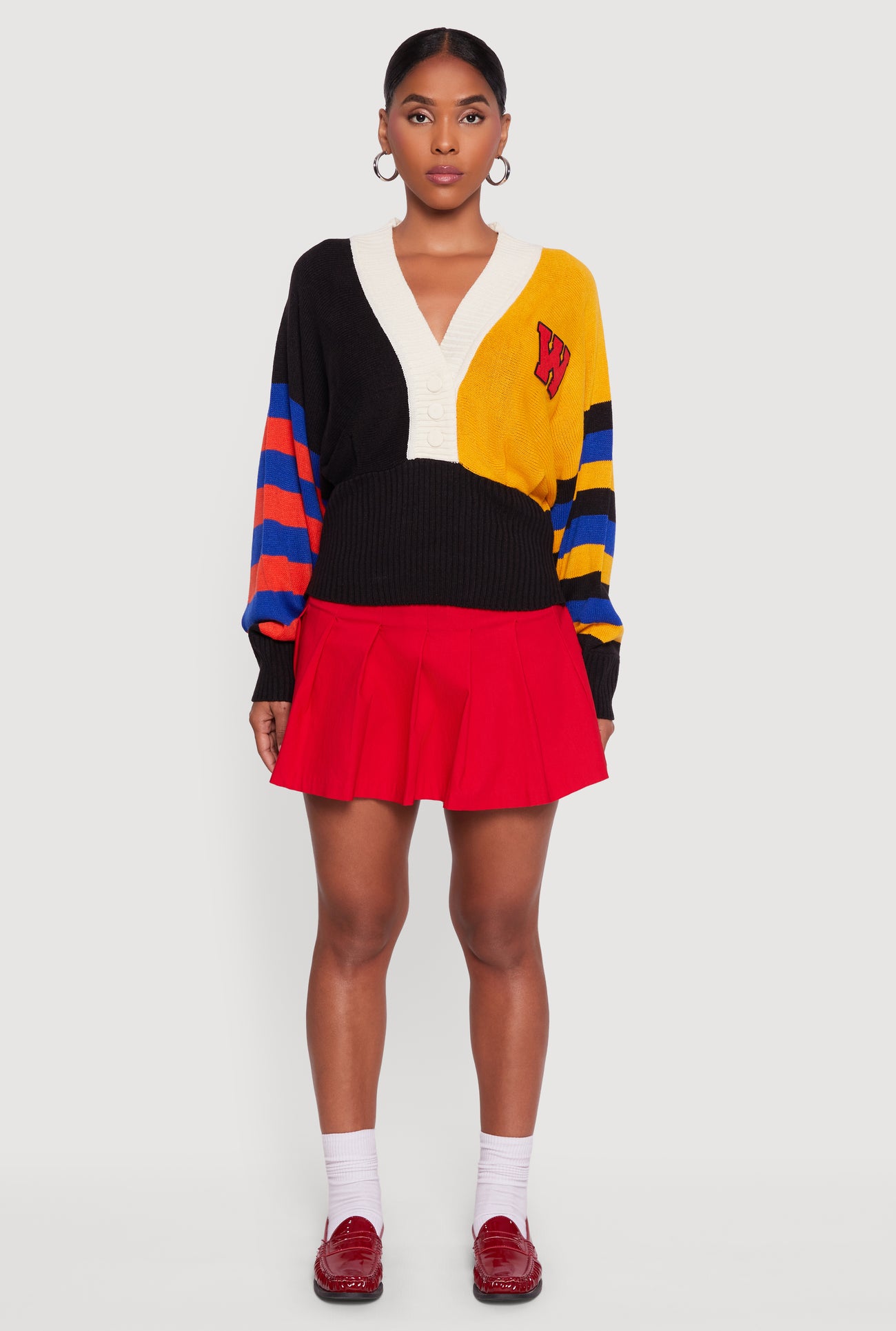 Color Blocked Striped W Patch Graphic Sweater