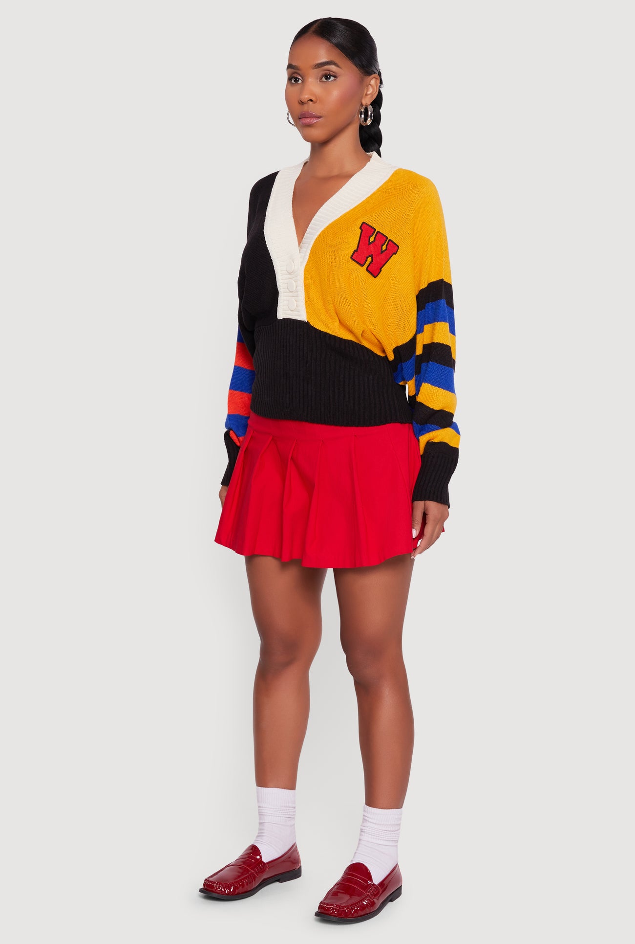 Color Blocked Striped W Patch Graphic Sweater