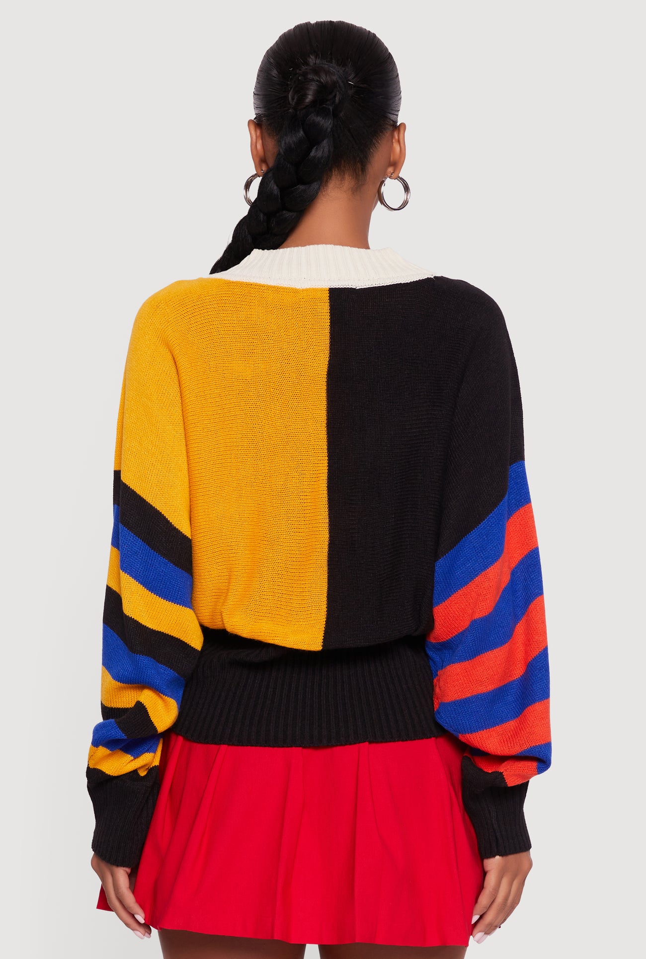 Color Blocked Striped W Patch Graphic Sweater