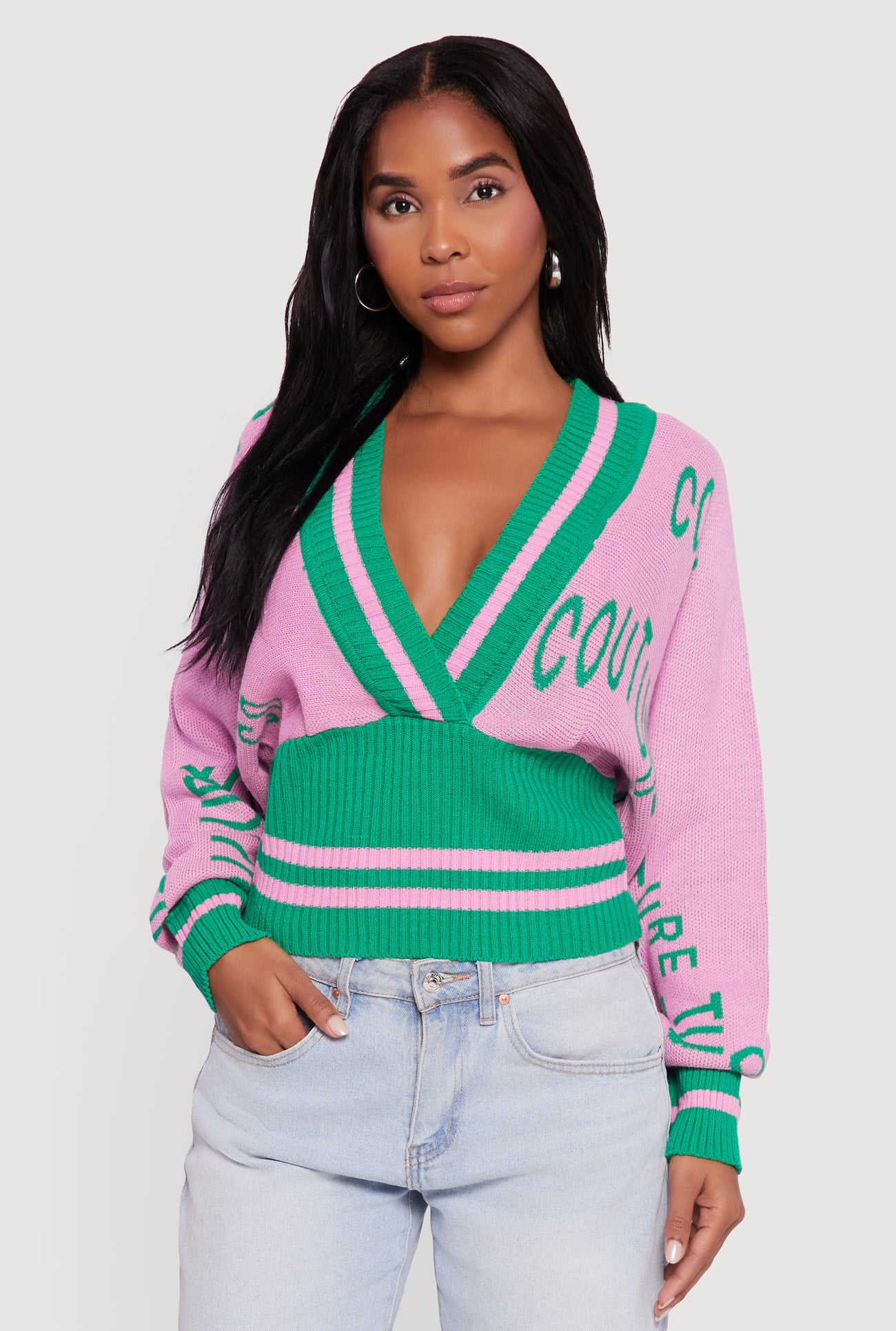 Couture Graphic Long Sleeve Plunge Neck Sweater
