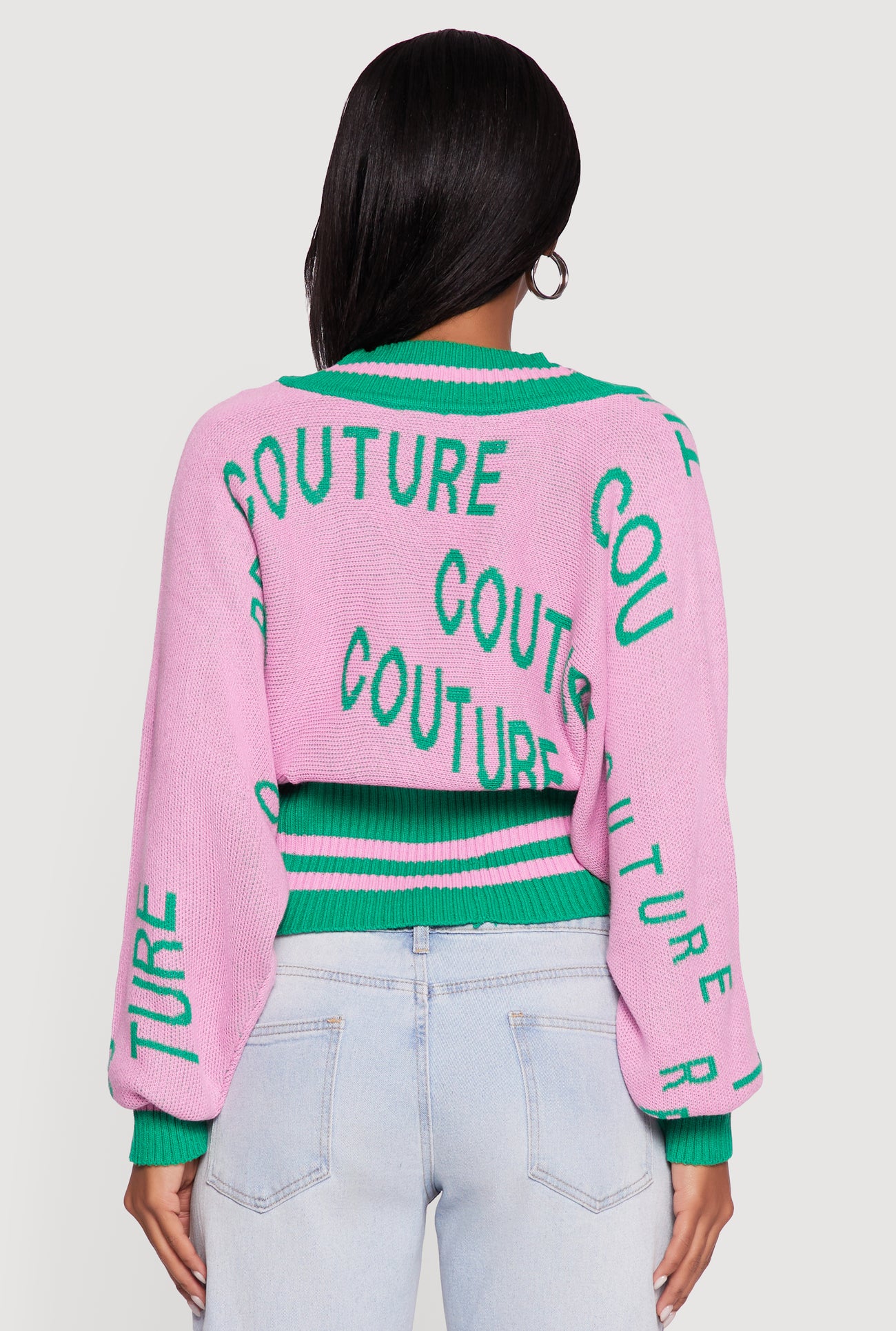 Couture Graphic Long Sleeve Plunge Neck Sweater
