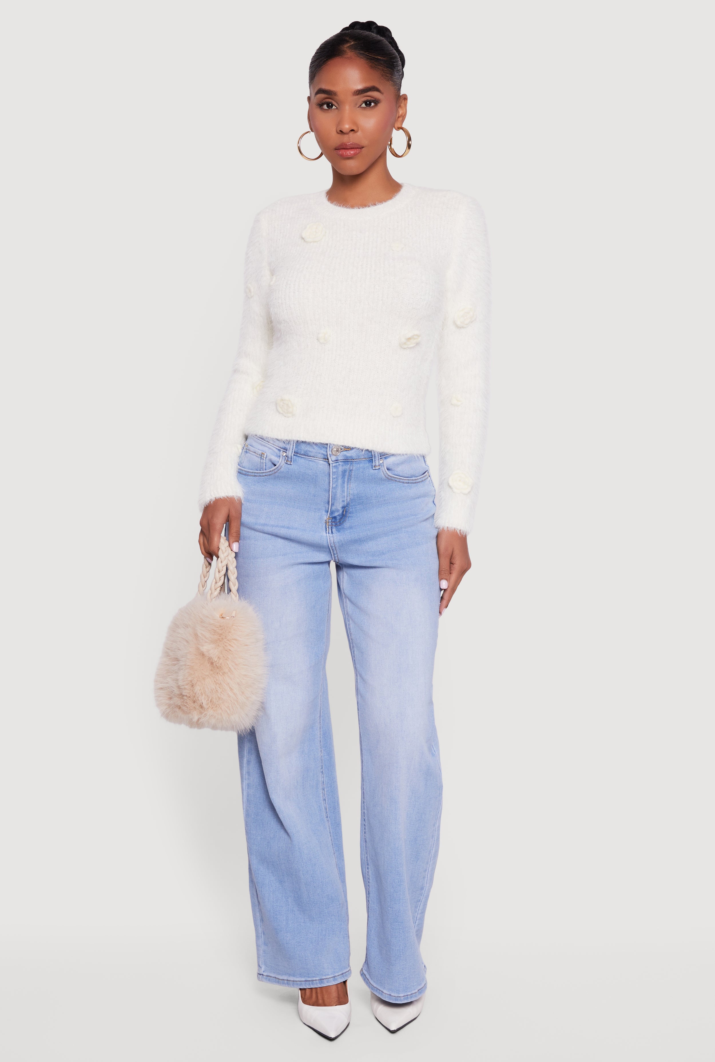 Rose Applique Long Sleeve Eyelash Knit Sweater