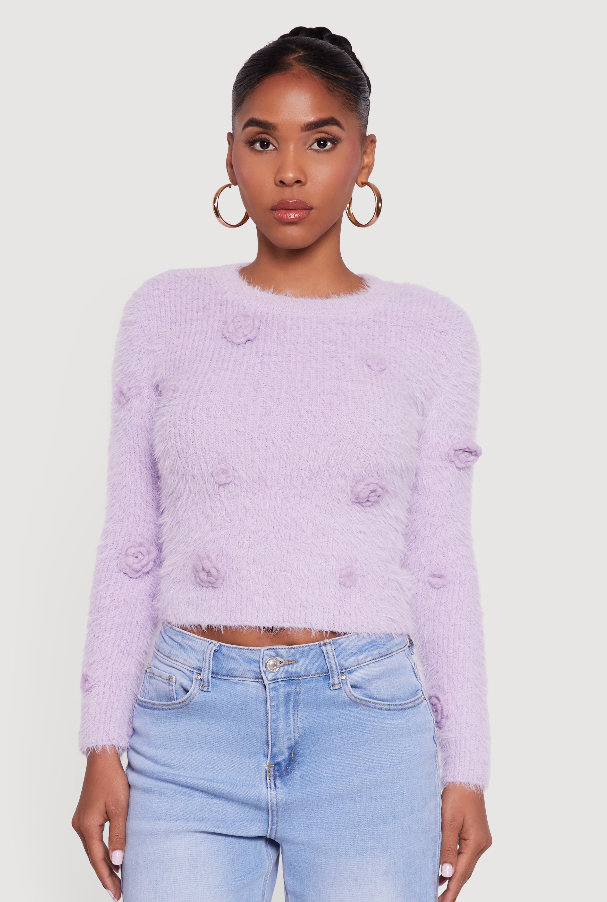 Rose Applique Long Sleeve Eyelash Knit Sweater