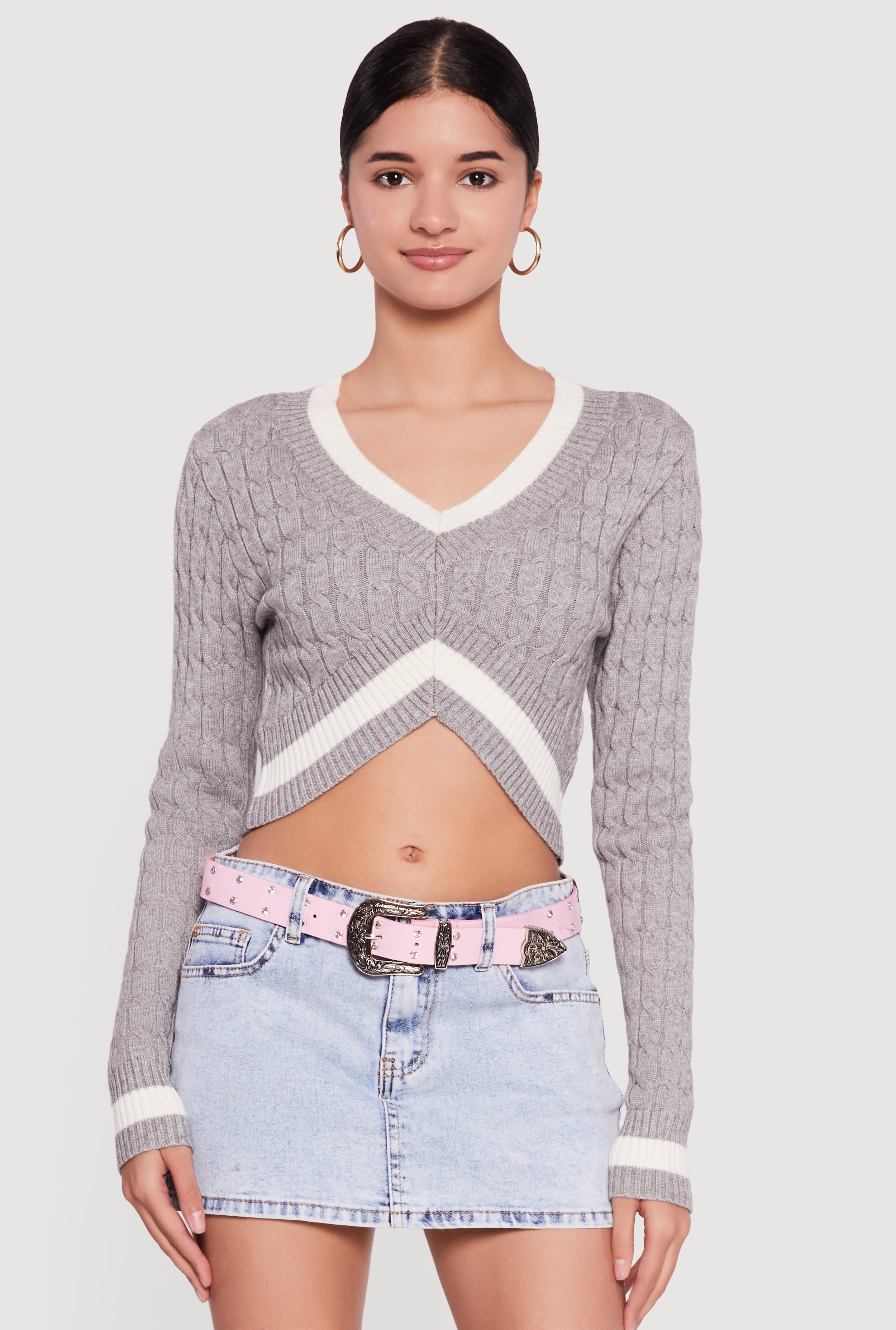 Contrast Trim Cable Knit Cropped Sweater