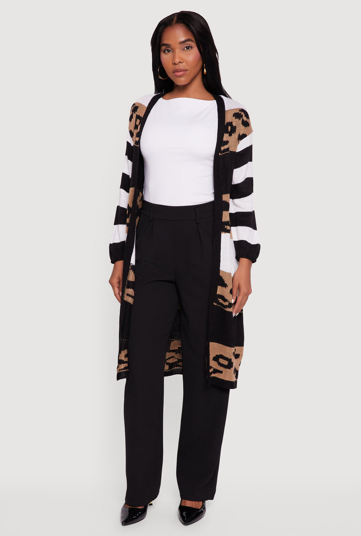 Leopard Print Open Front Long Cardigan