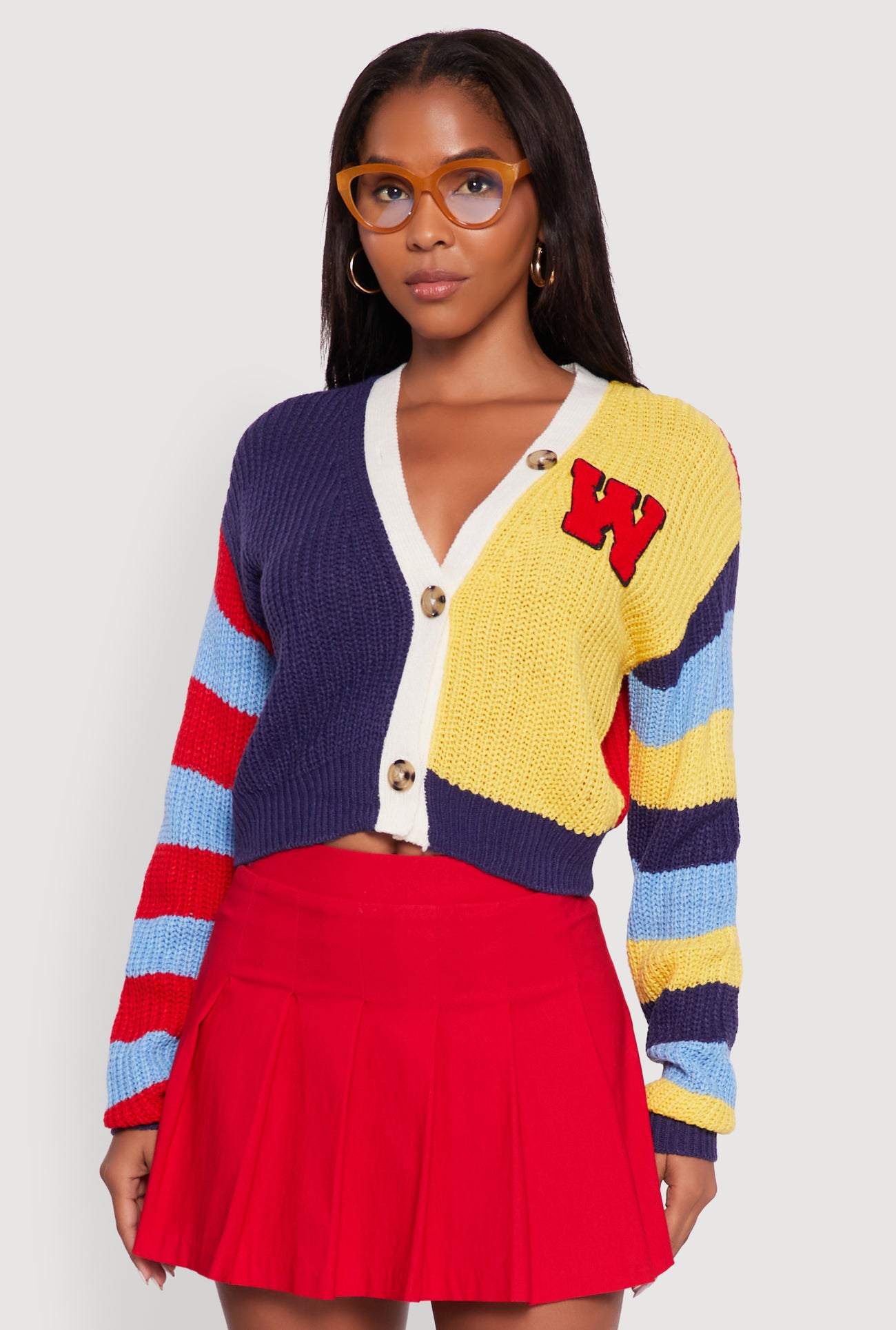 W Chenille Patch Color Block Cropped Cardigan