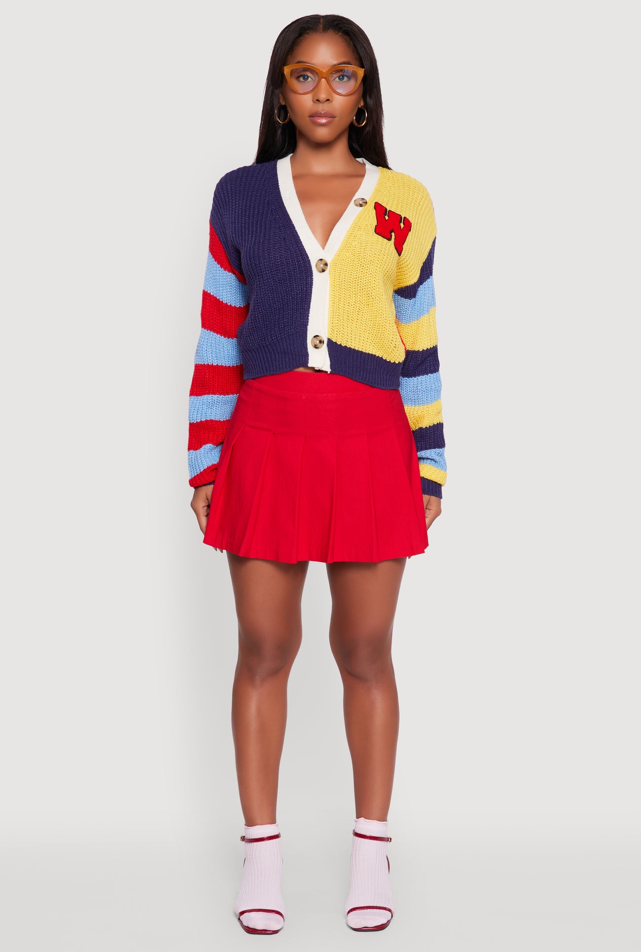 W Chenille Patch Color Block Cropped Cardigan