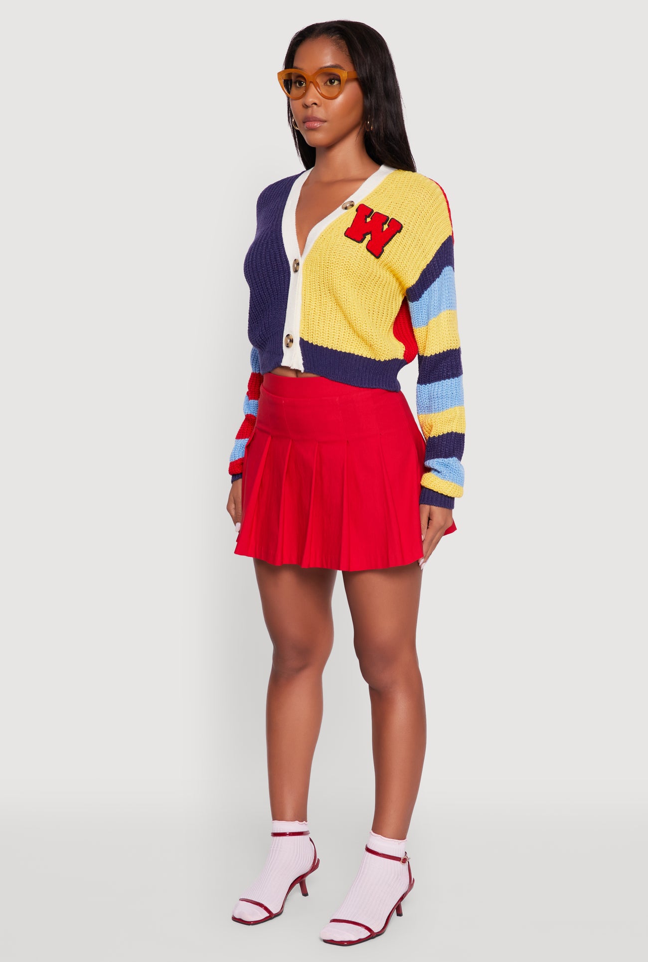 W Chenille Patch Color Block Cropped Cardigan