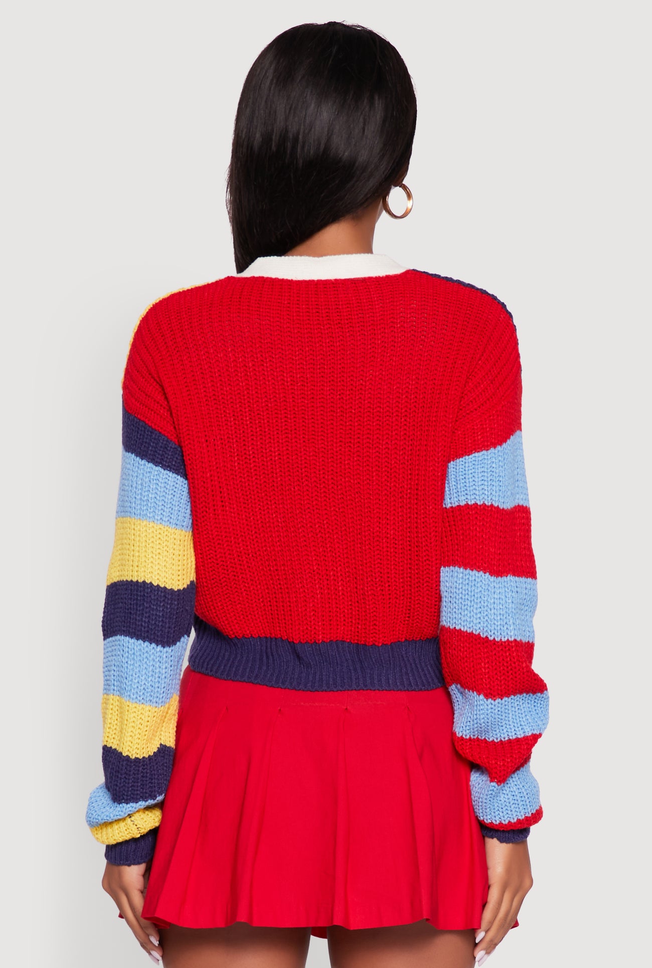 W Chenille Patch Color Block Cropped Cardigan