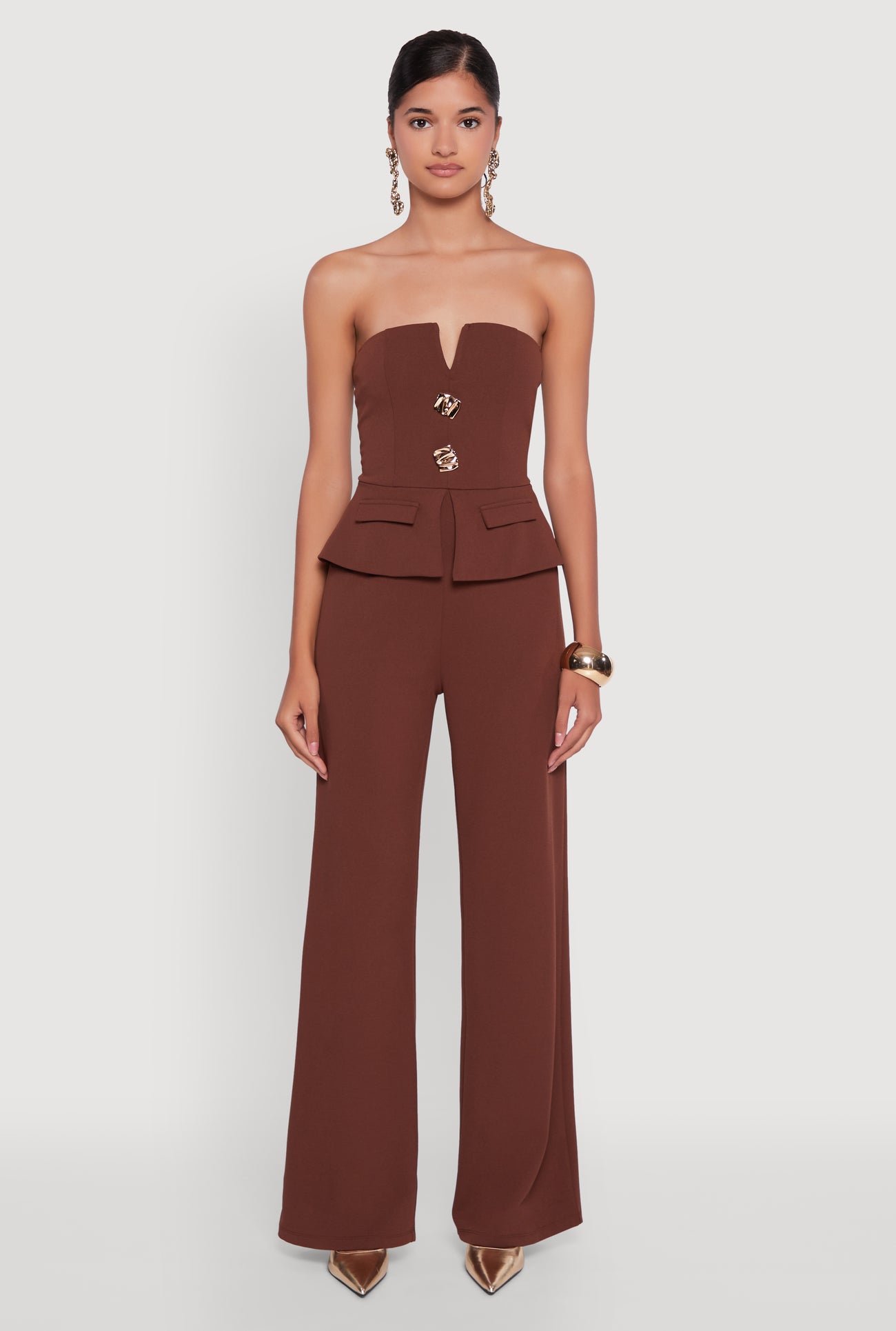 Metallic Button Faux Pocket Peplum Detail Wide Leg Jumpsuit