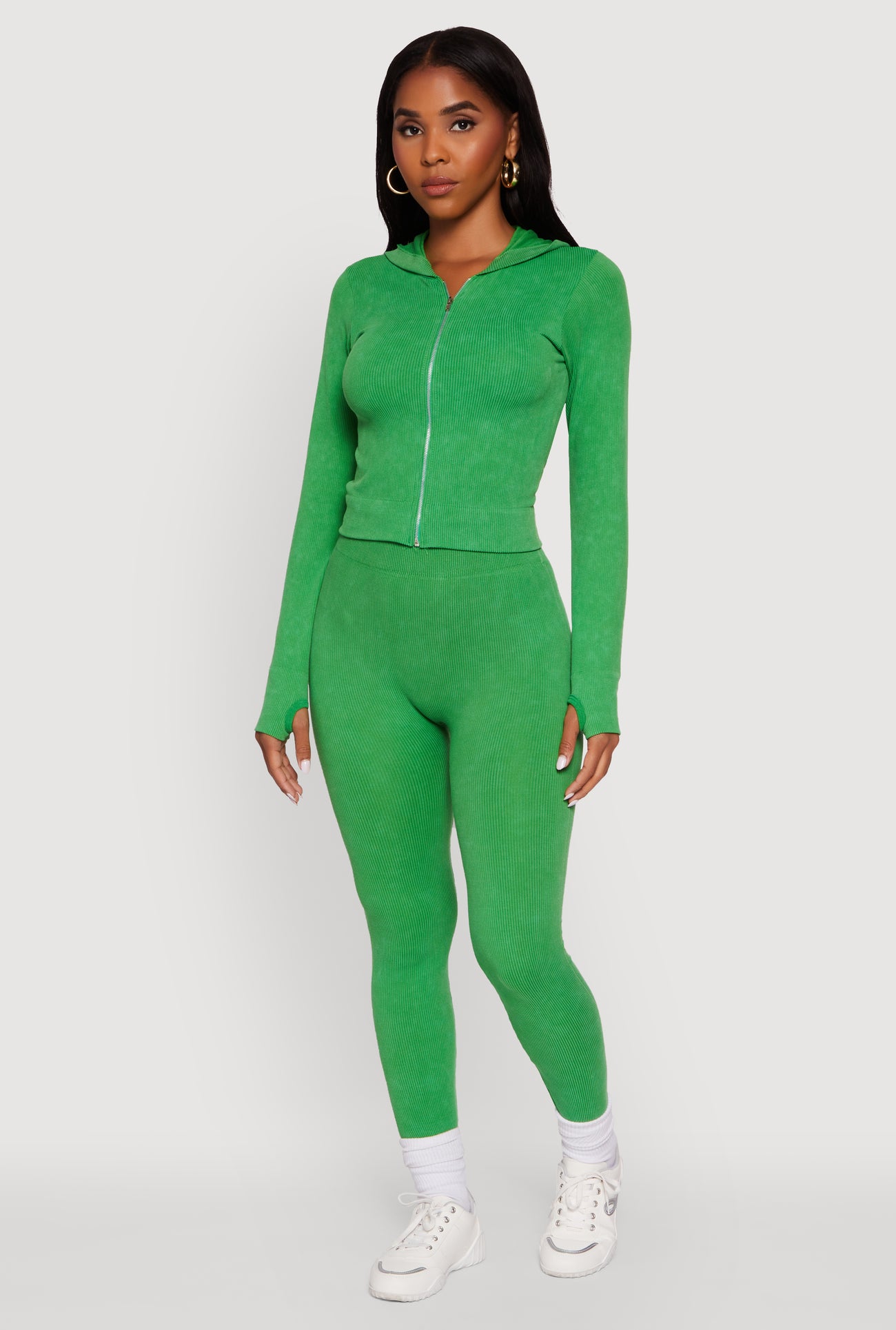 Acid Wash Ribbed Knit Hoodie with Thumb Holes