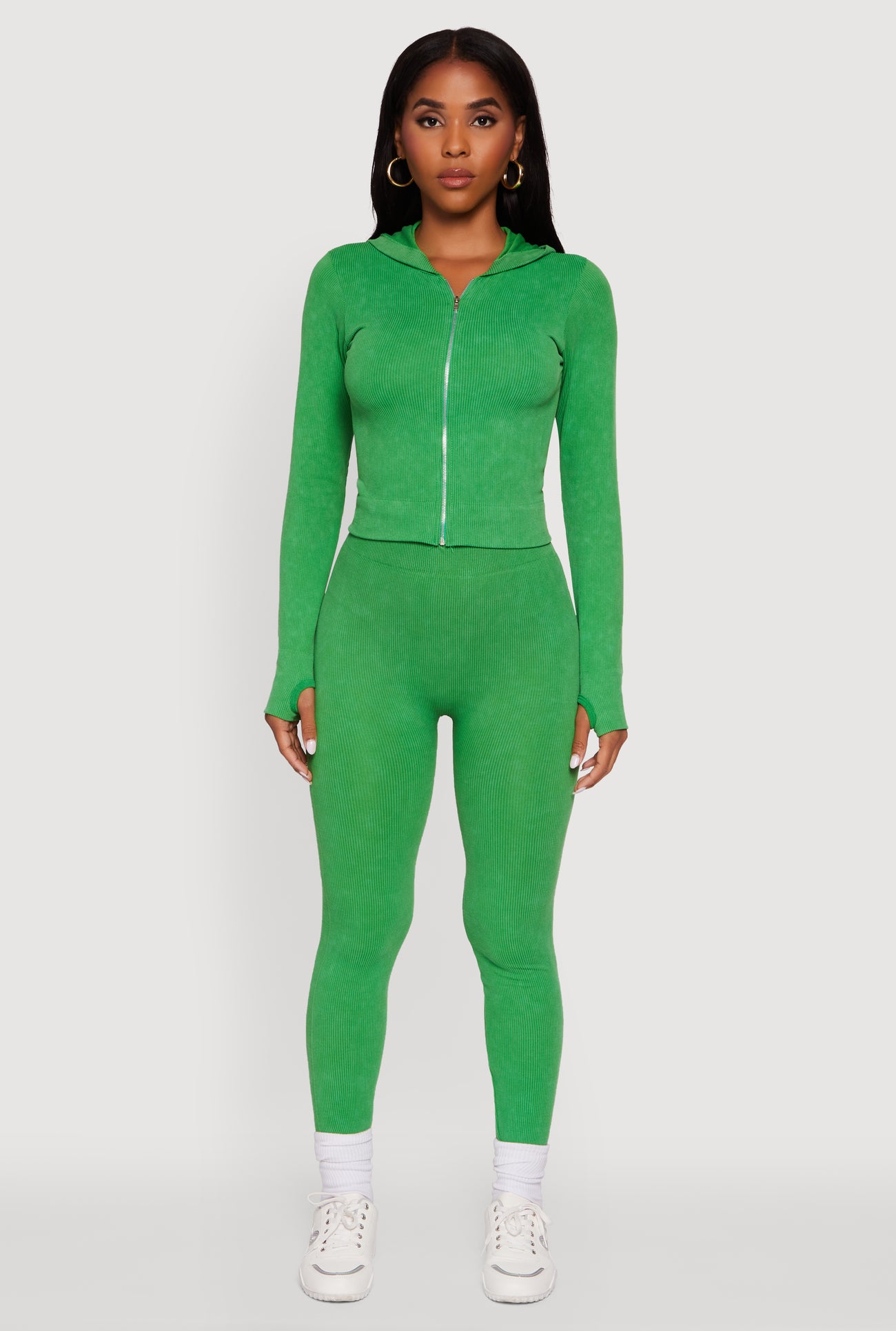 Acid Wash Ribbed Knit Hoodie with Thumb Holes